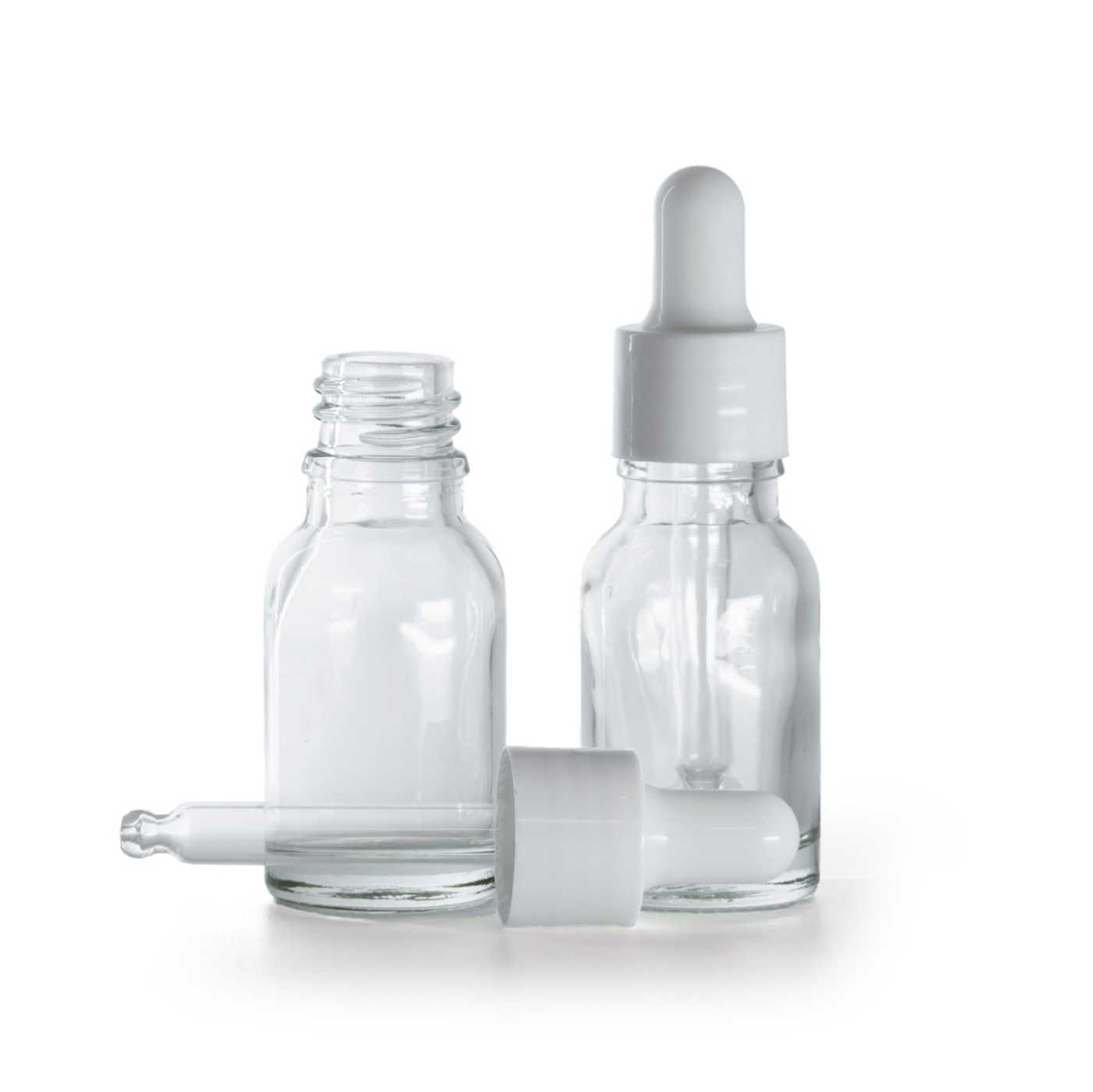 Butelka szklana, przezroczysta, biały błyszczący kroplomierz, 15 ml