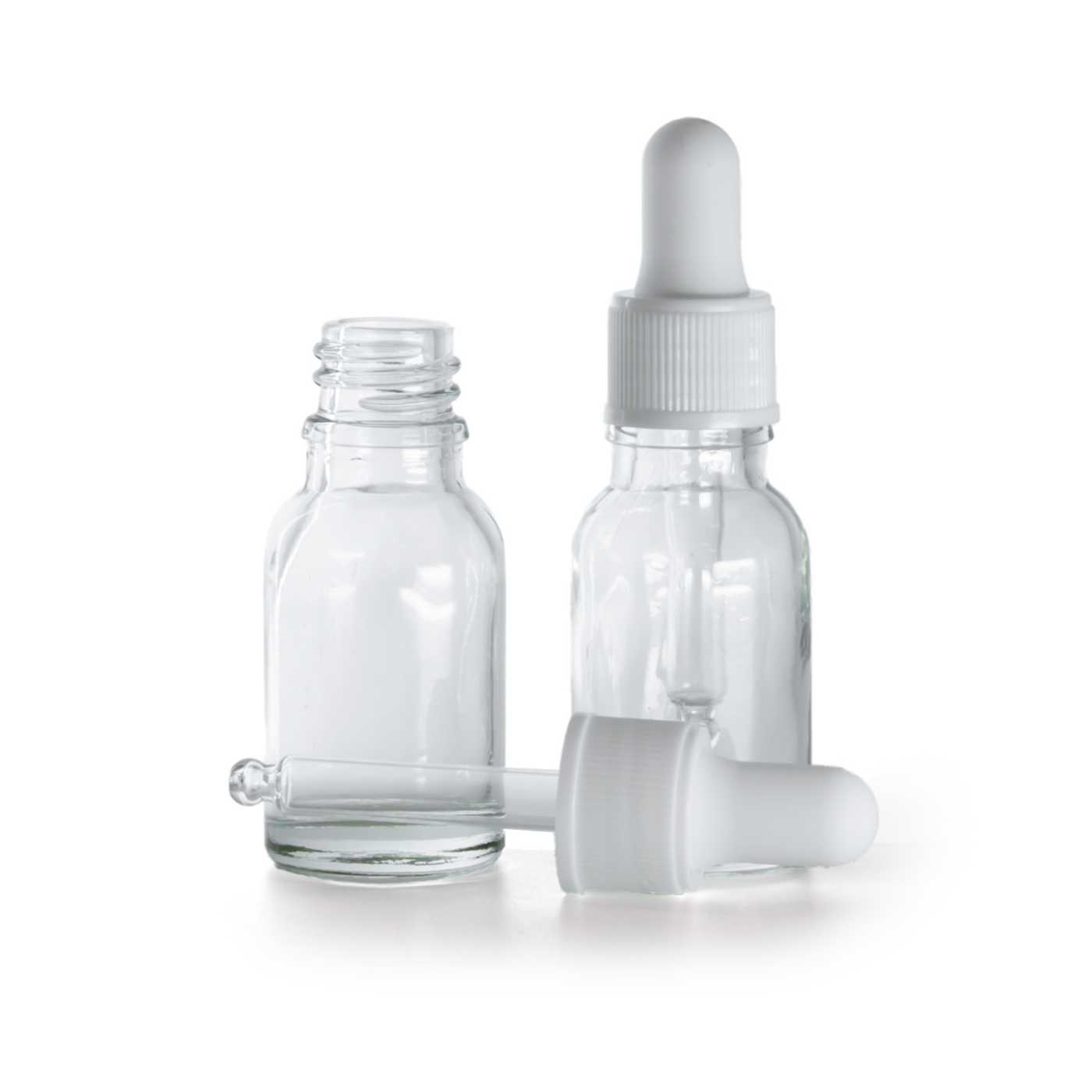Butelka szklana, przezroczysta, biały matowy kroplomierz, 15 ml