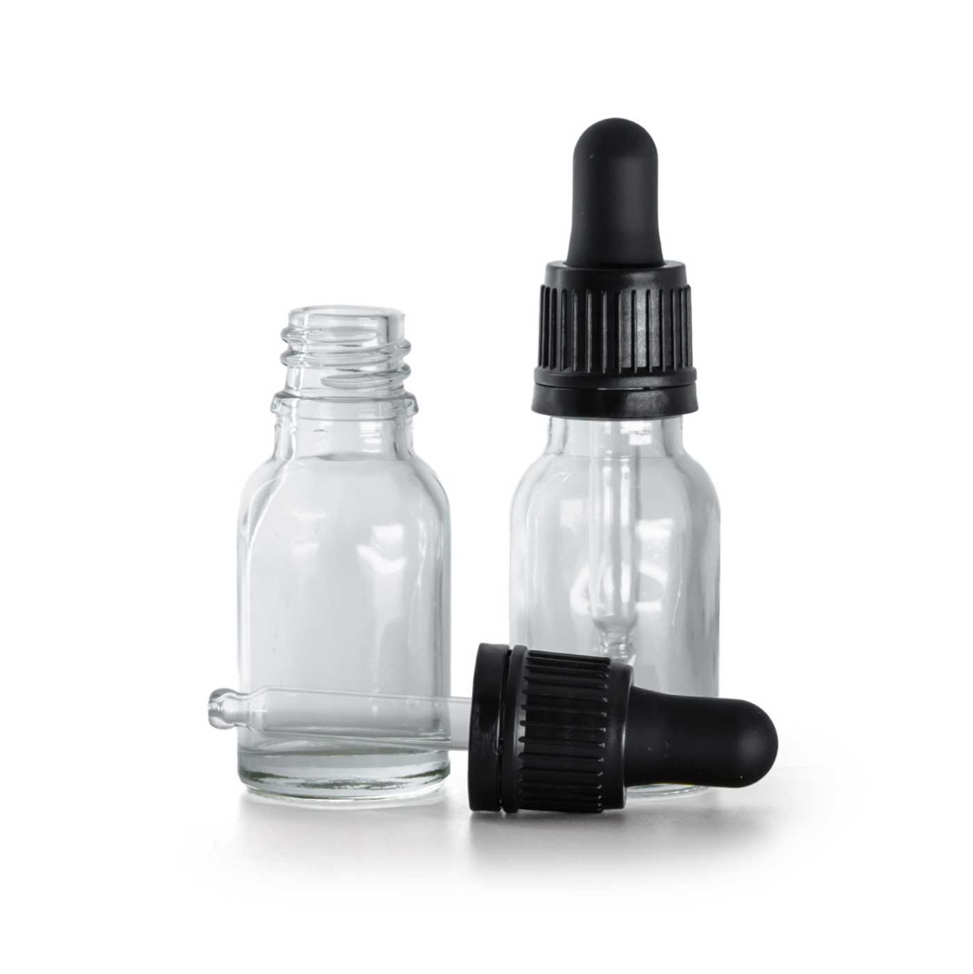 Sklenená liekovka, priehľadná, čierne kvapátko, 15 ml