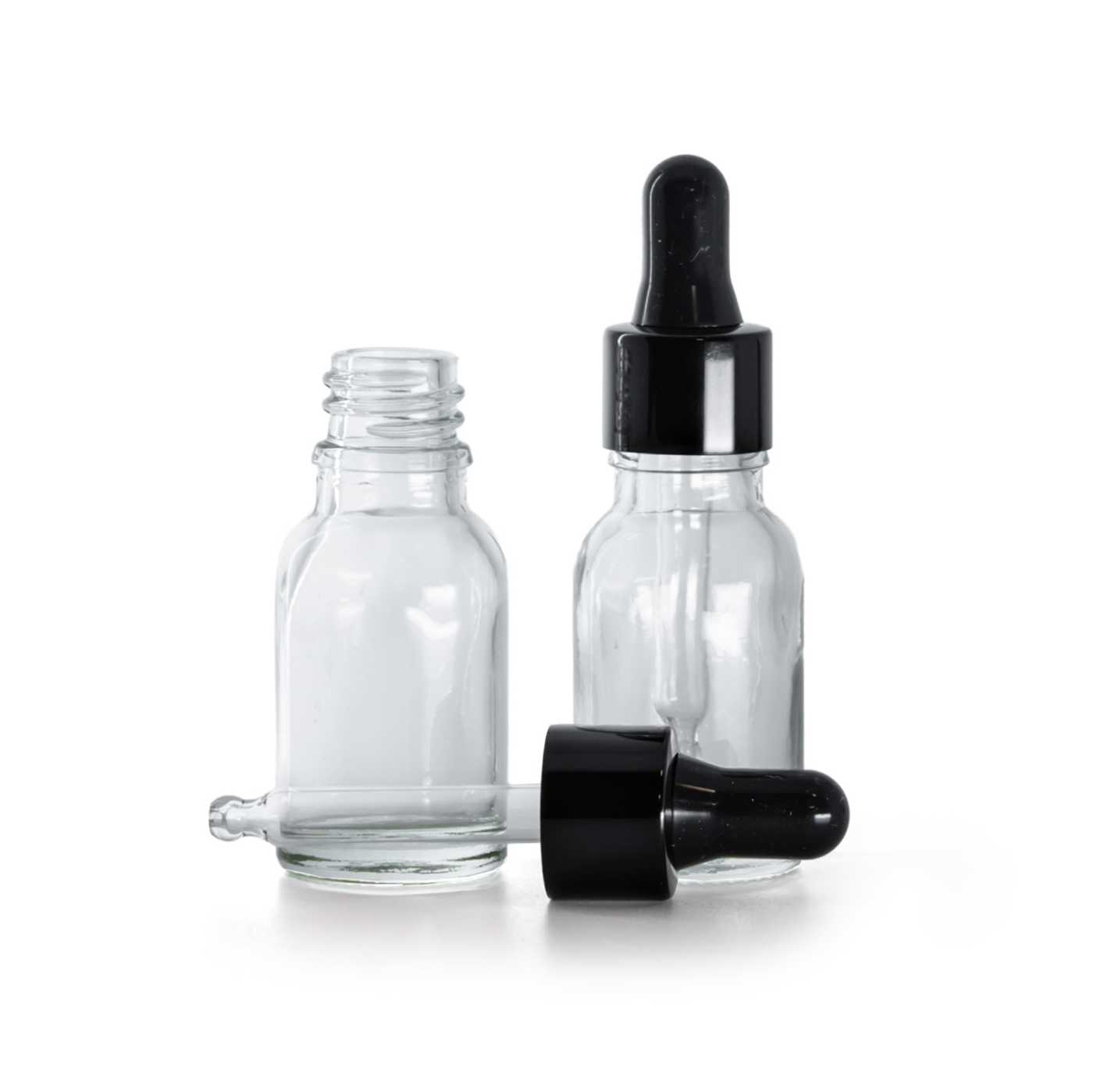 Sklenená fľaška, priehľadná, čierne lesklé kvapátko, 15 ml