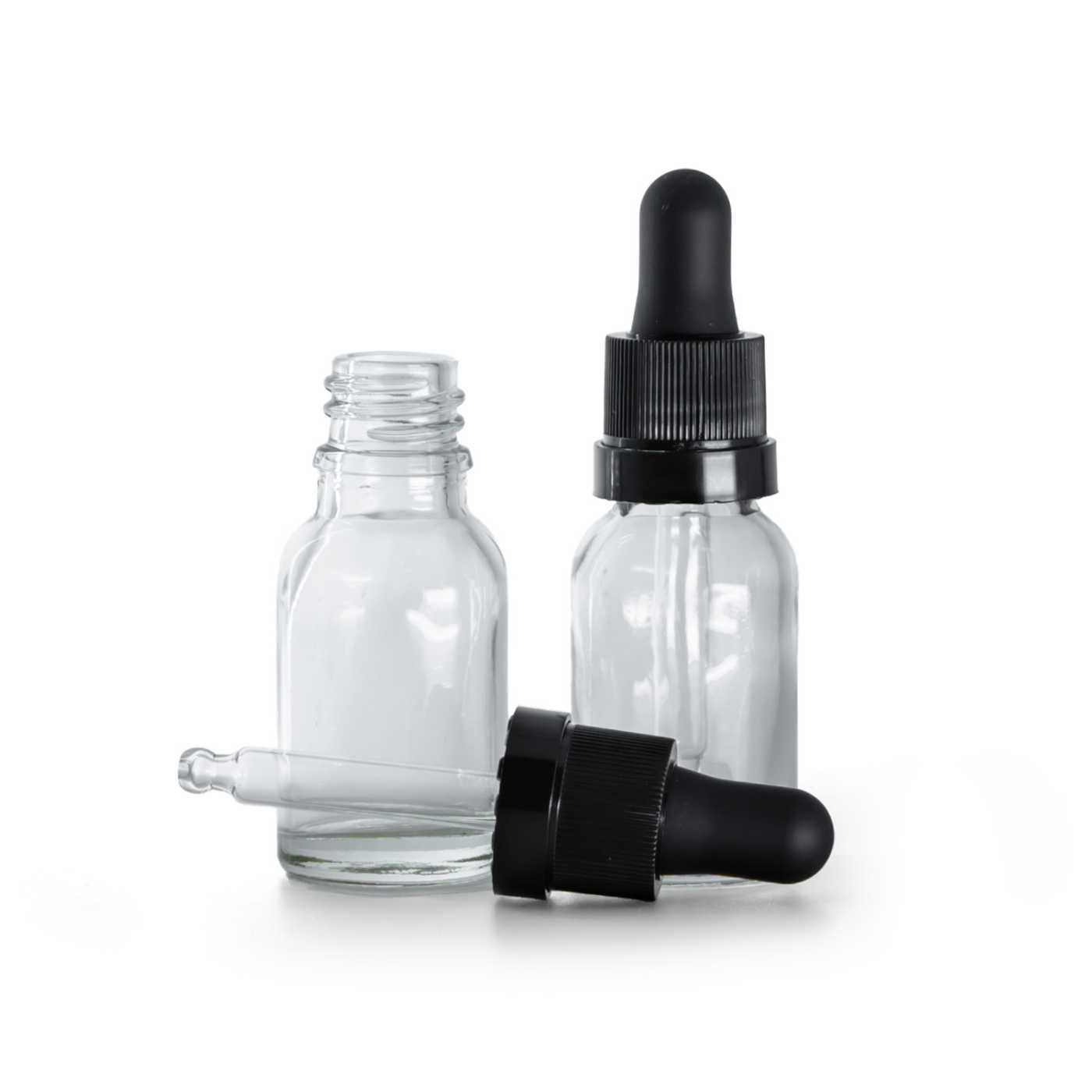 Sklenená fľaška, priehľadná, čierne kvapátko s lesklým prúžkom, 15 ml