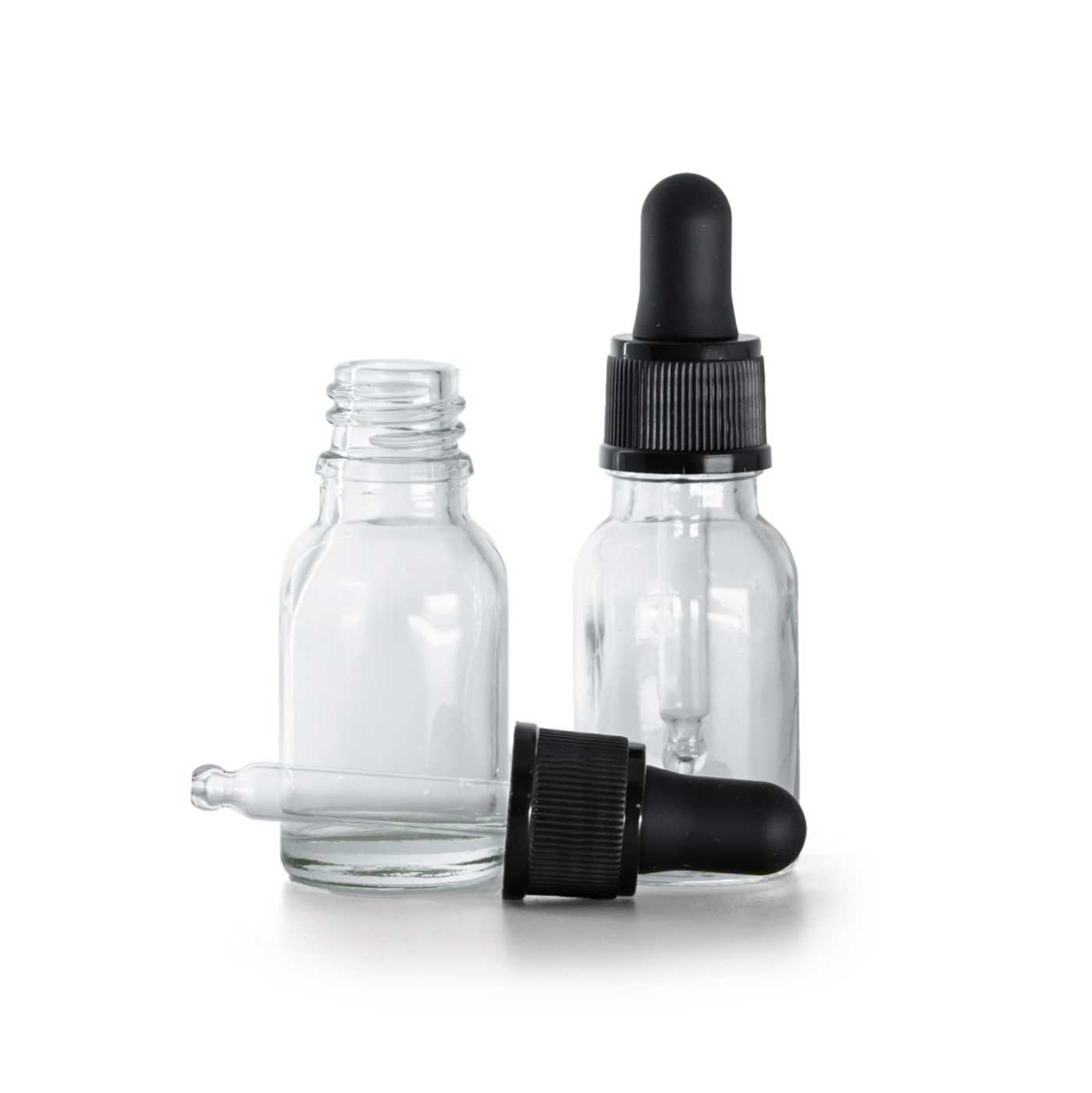 Sklenená fľaška, priehľadná, matné čierne kvapátko, 15 ml