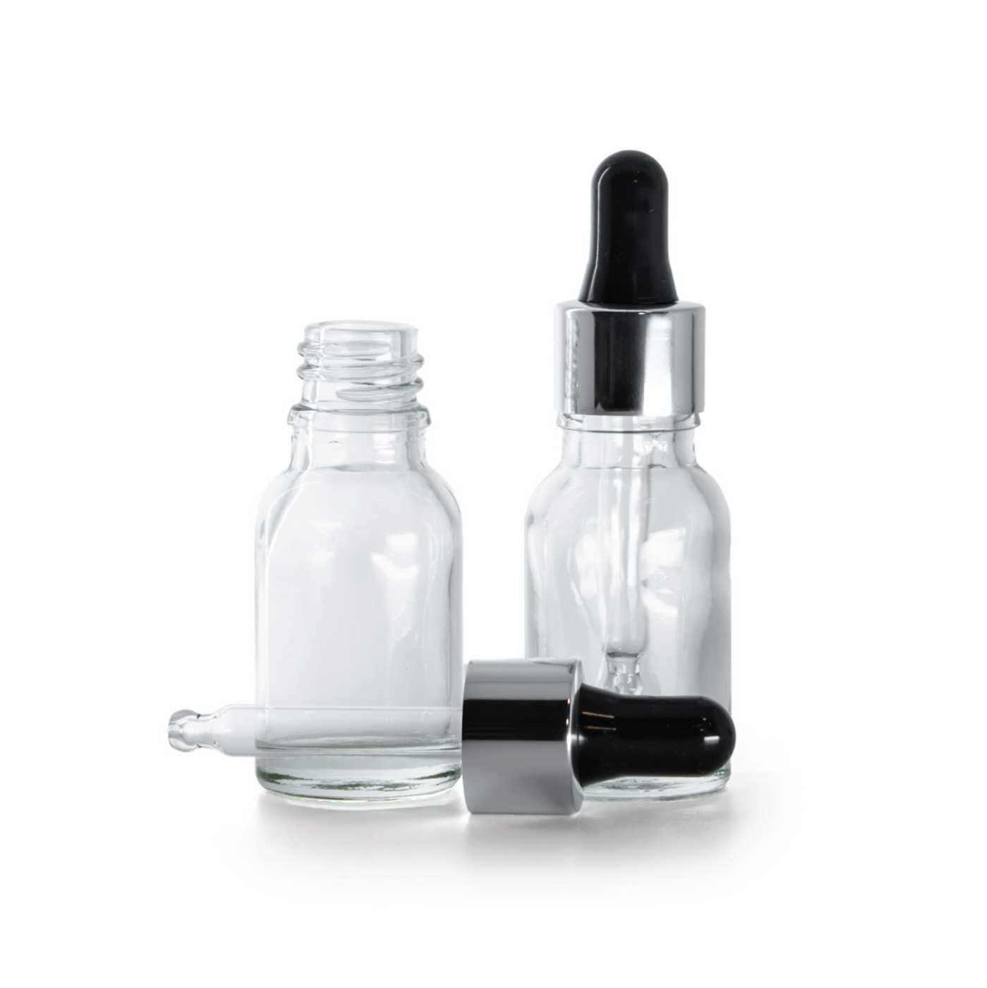Sklenená fľaška, priehľadná, čierno-strieborné kvapátko, 15 ml
