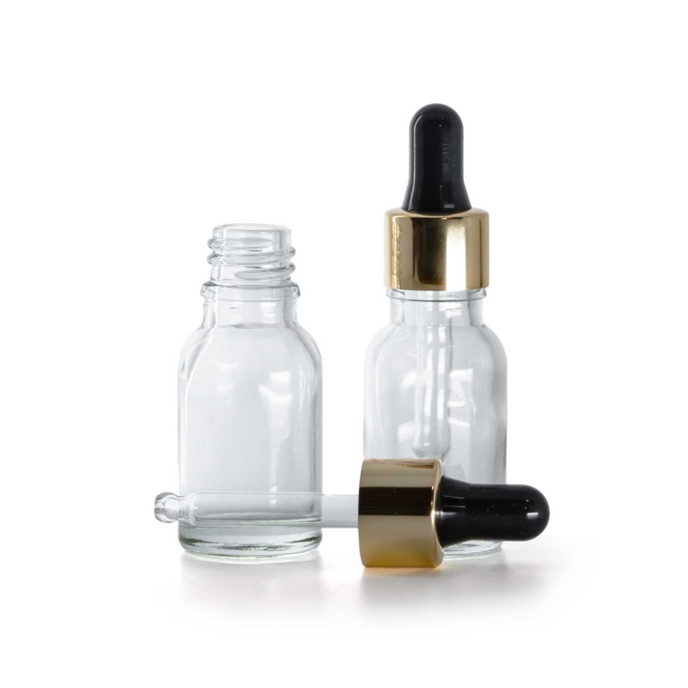 Sklenená fľaška, priehľadná, čierno-zlaté kvapátko, 15 ml