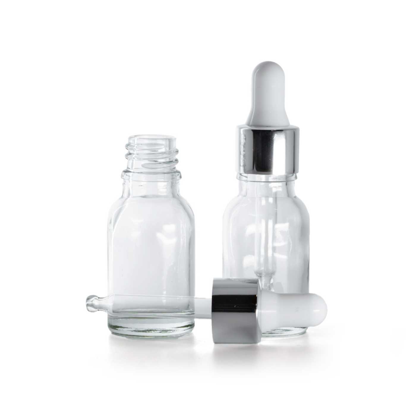 Sklenená fľaška, priehľadná, strieborné kvapátko, 15 ml