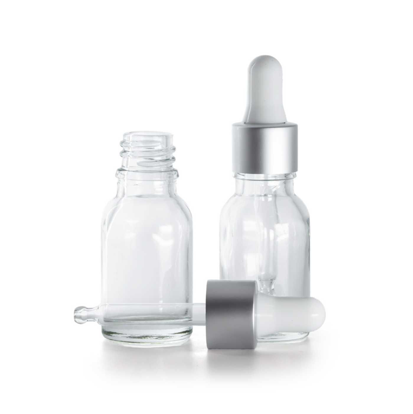 Sklenená fľaška, priehľadná, strieborné matné kvapátko, 15 ml