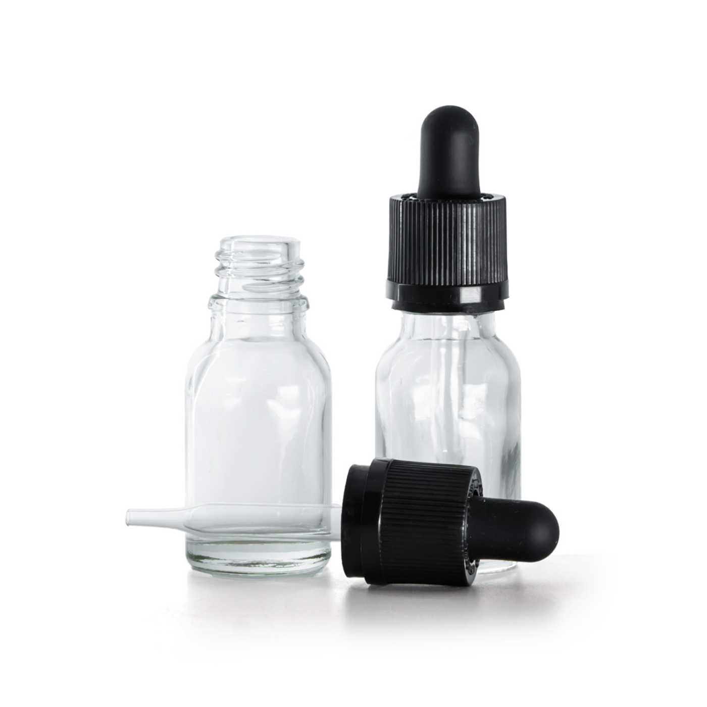 Sklenená liekovka, priehľadná, pipeta s poistkou, 15 ml