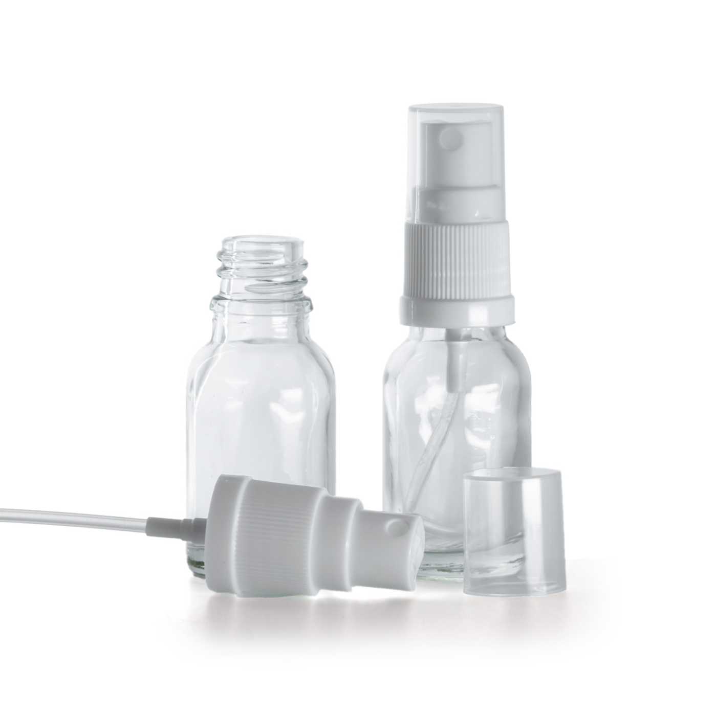 Sklenená fľaška, priehľadná, biely rozprašovač, 15 ml