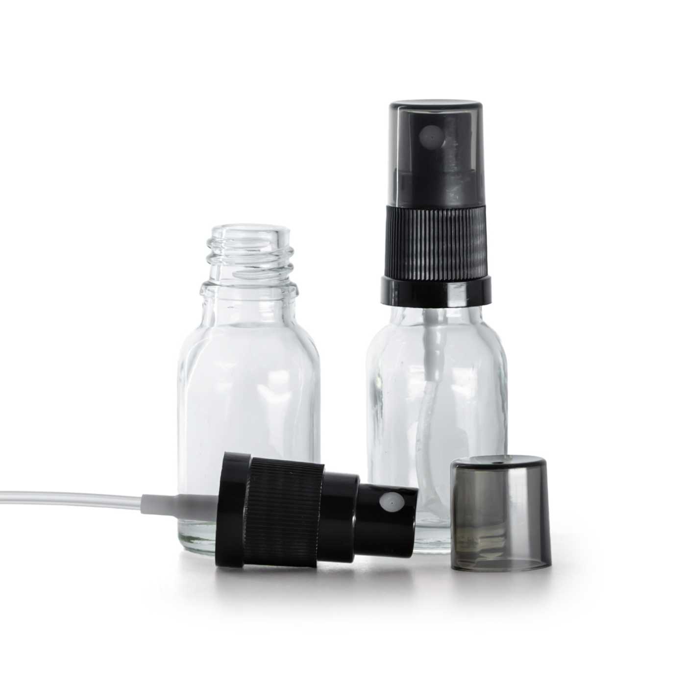 Sklenená fľaška, priehľadná, čierny rozprašovač, dymový kryt, 15 ml