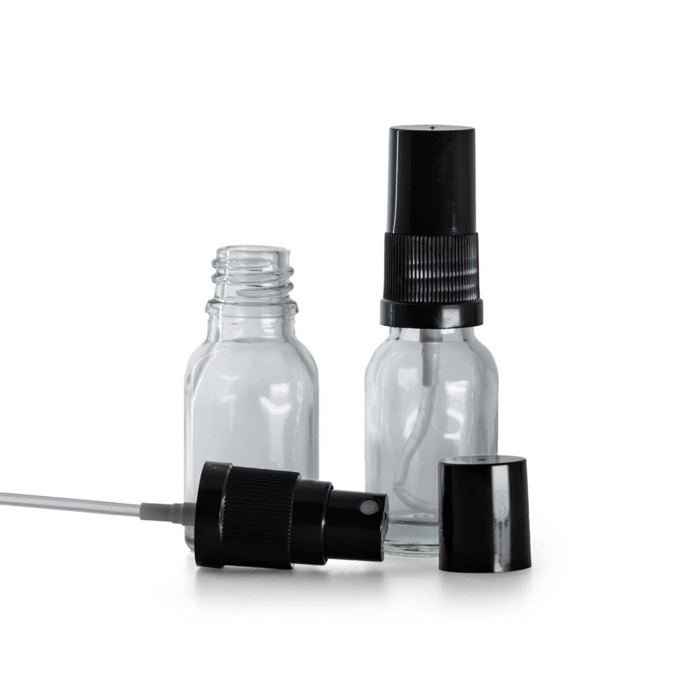 Sklenená fľaška, priehľadná, čierny rozprašovač, čierny vrch, 15 ml