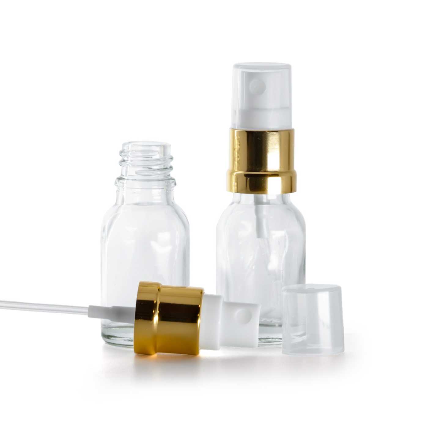 Sklenená fľaška, priehľadná, bielo-zlatý rozprašovač, 15 ml