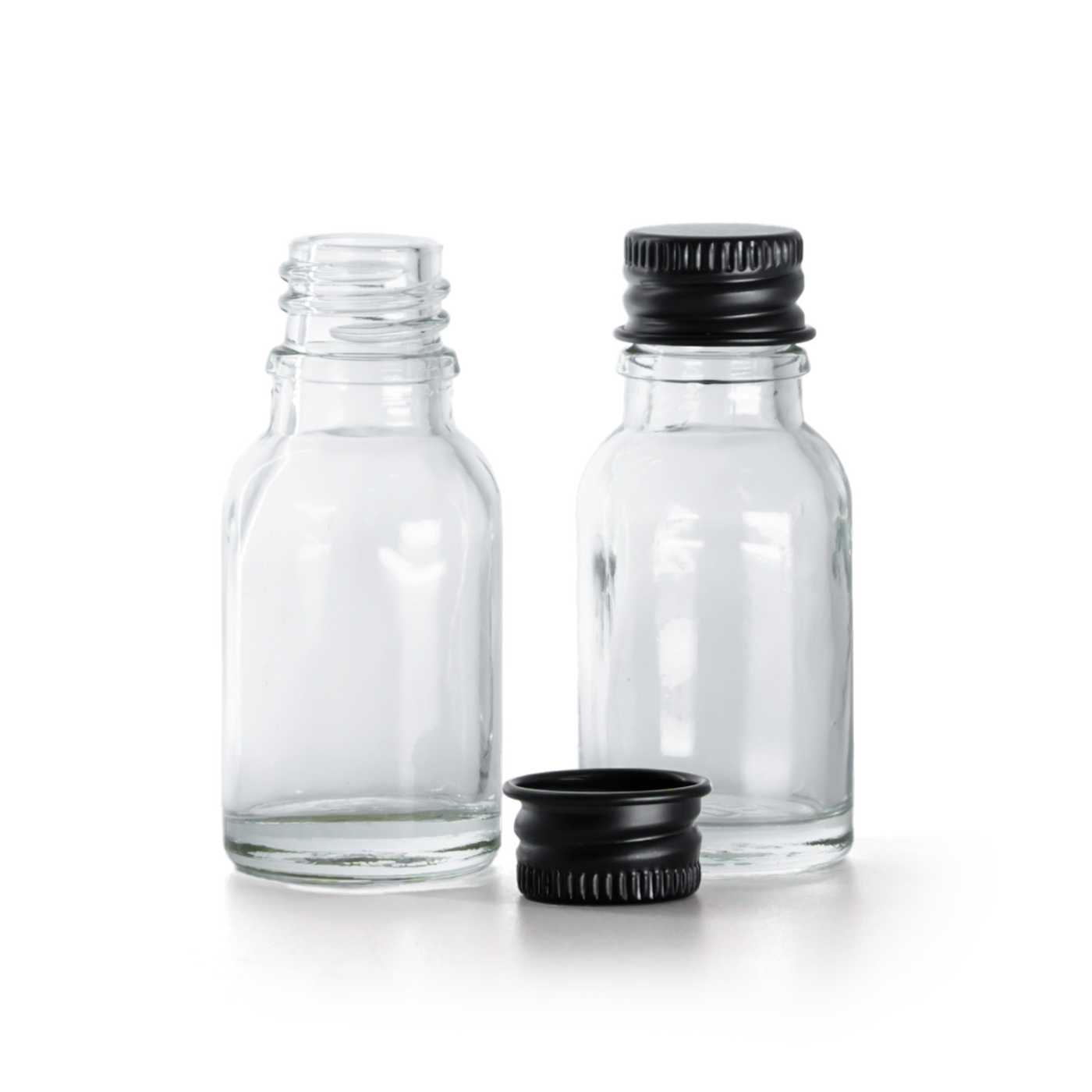 Sklenená fľaška, priehľadná, čierny hliníkový vrchnák, 15 ml