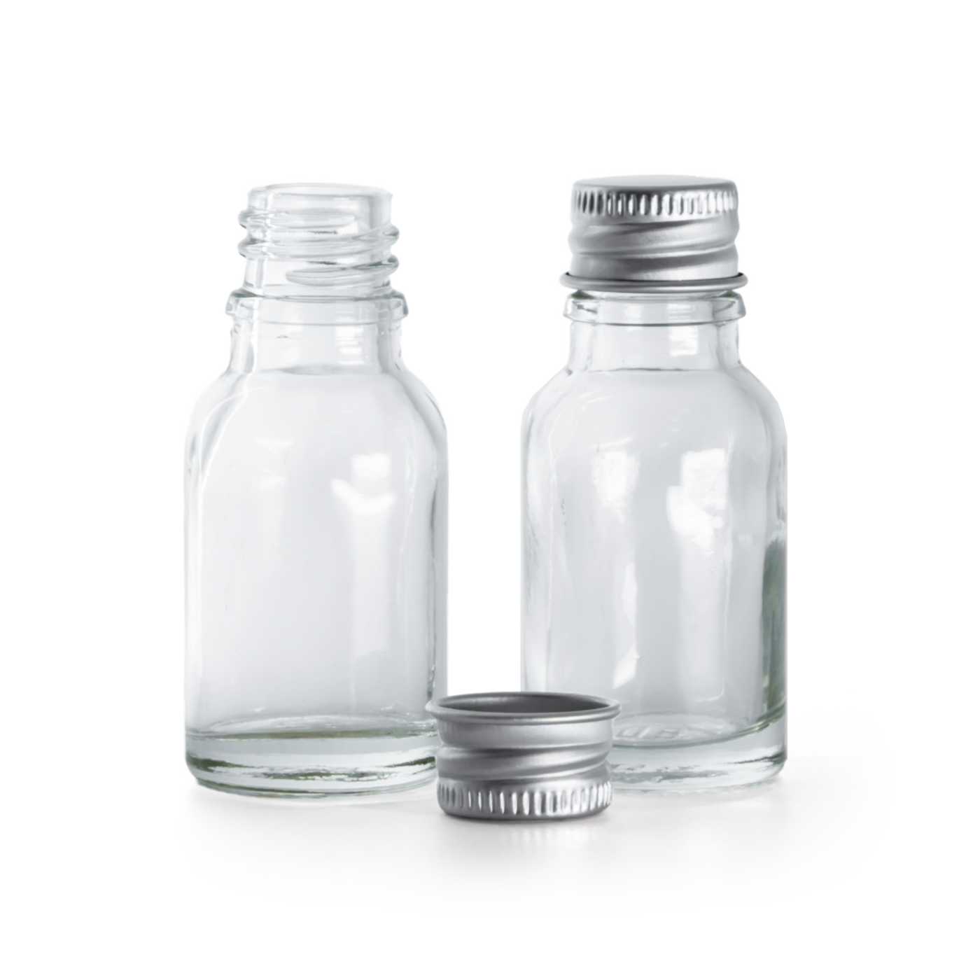 Sklenená fľaška, priehľadná, hliníkový vrchnák, 15 ml