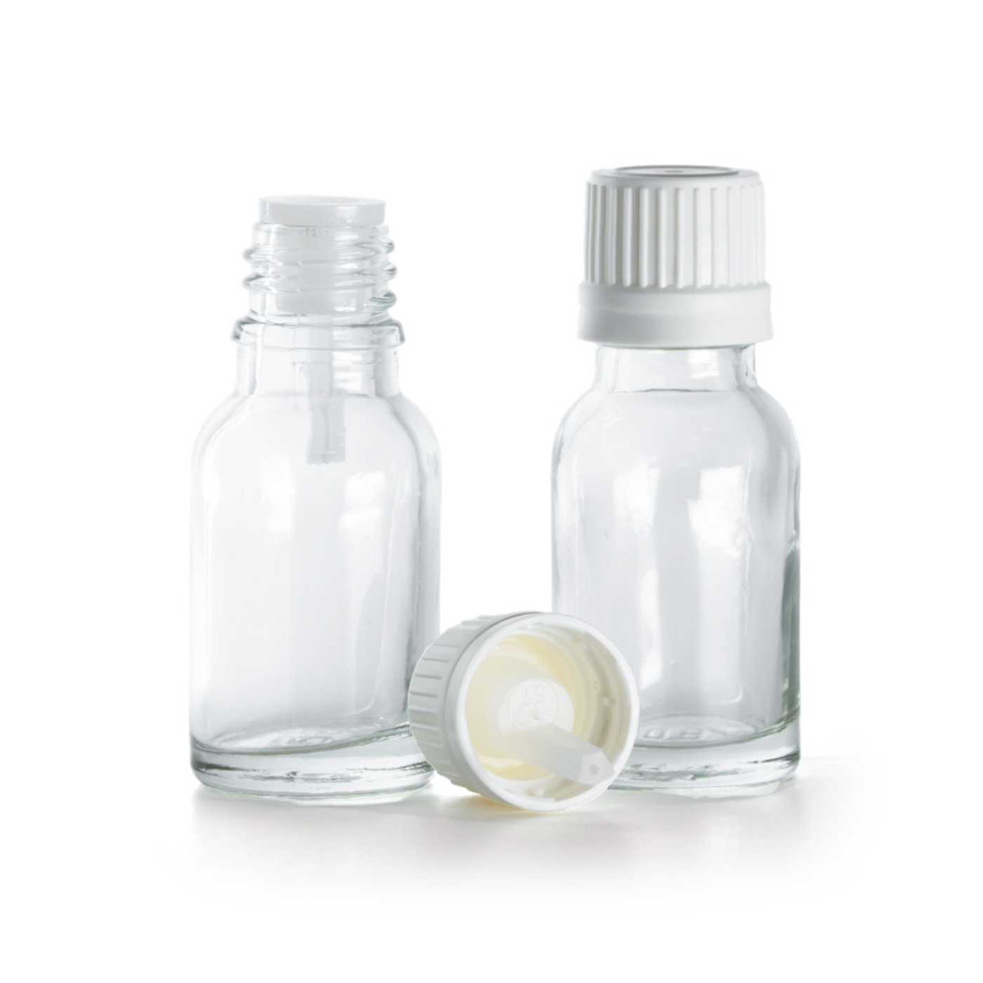 Sklenená fľaška, priehľadná, biely vrchnák s kvapátkom, 15 ml
