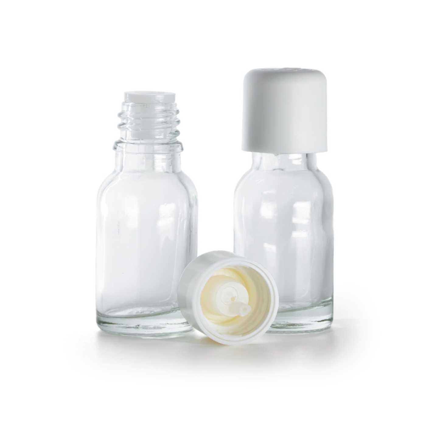 Sklenená fľaška, priehľadná, biely vrchnák s poistkou, 15ml