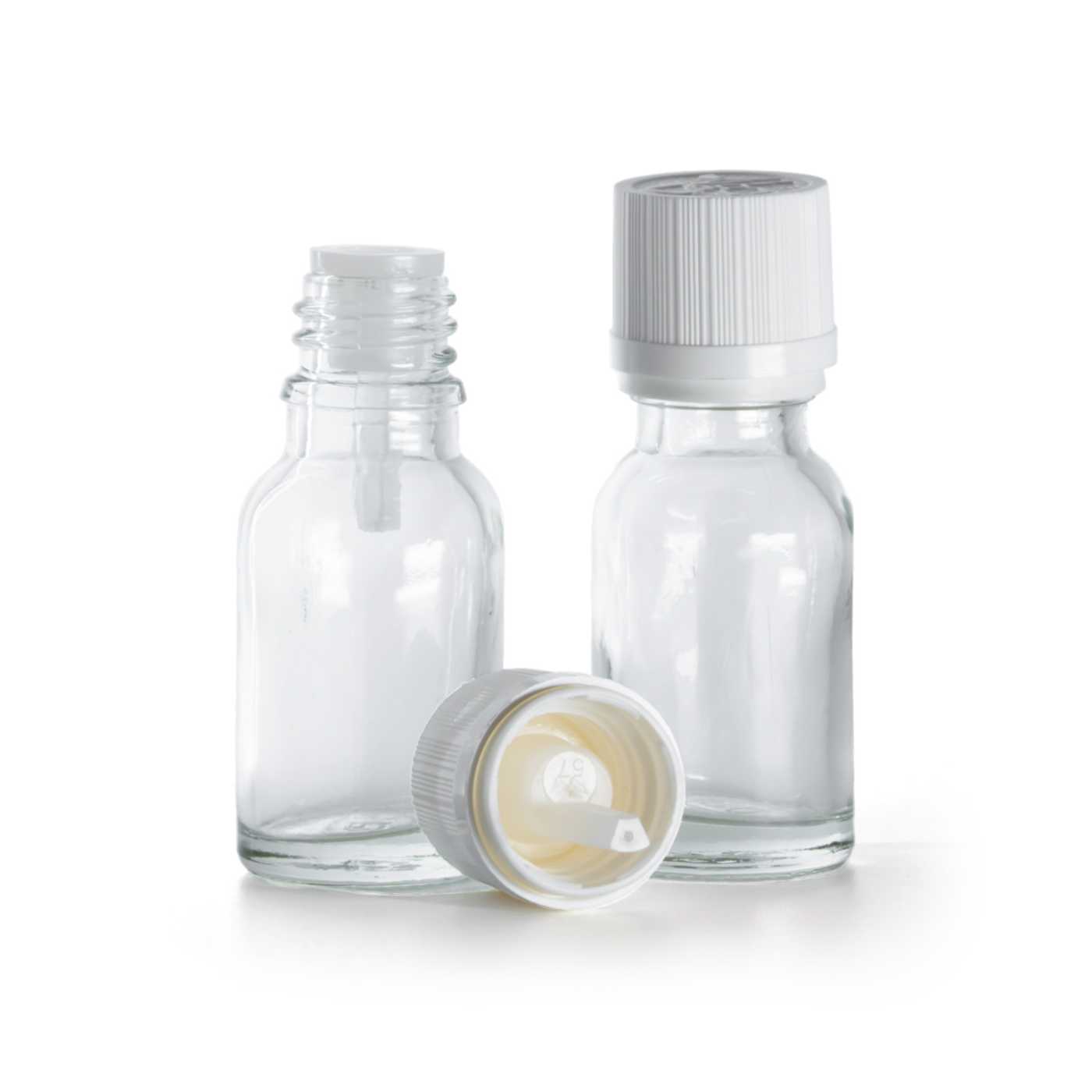 Sklenená fľaška, priehľadná, biely vrúbkovaný vrchnák s poistkou, 15 ml