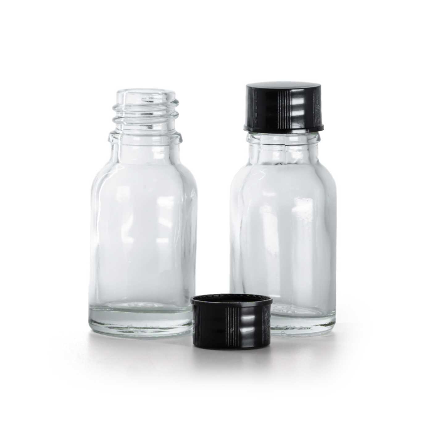 Sklenená fľaška, priehľadná, čierny vrchnák, 15 ml