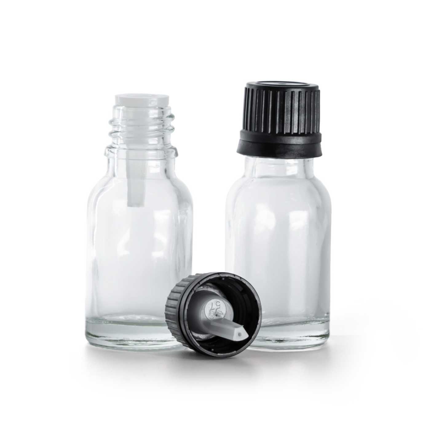 Sklenená fľaška, priehľadná, čierny vrchnák s kvapátkom, 15 ml