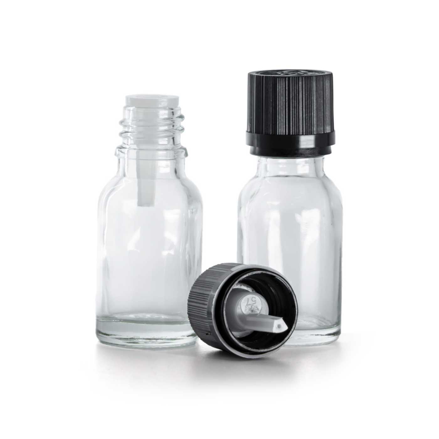 Sklenená fľaška, priehľadná, čierny vrúbkovaný vrchnák s poistkou, 15 ml