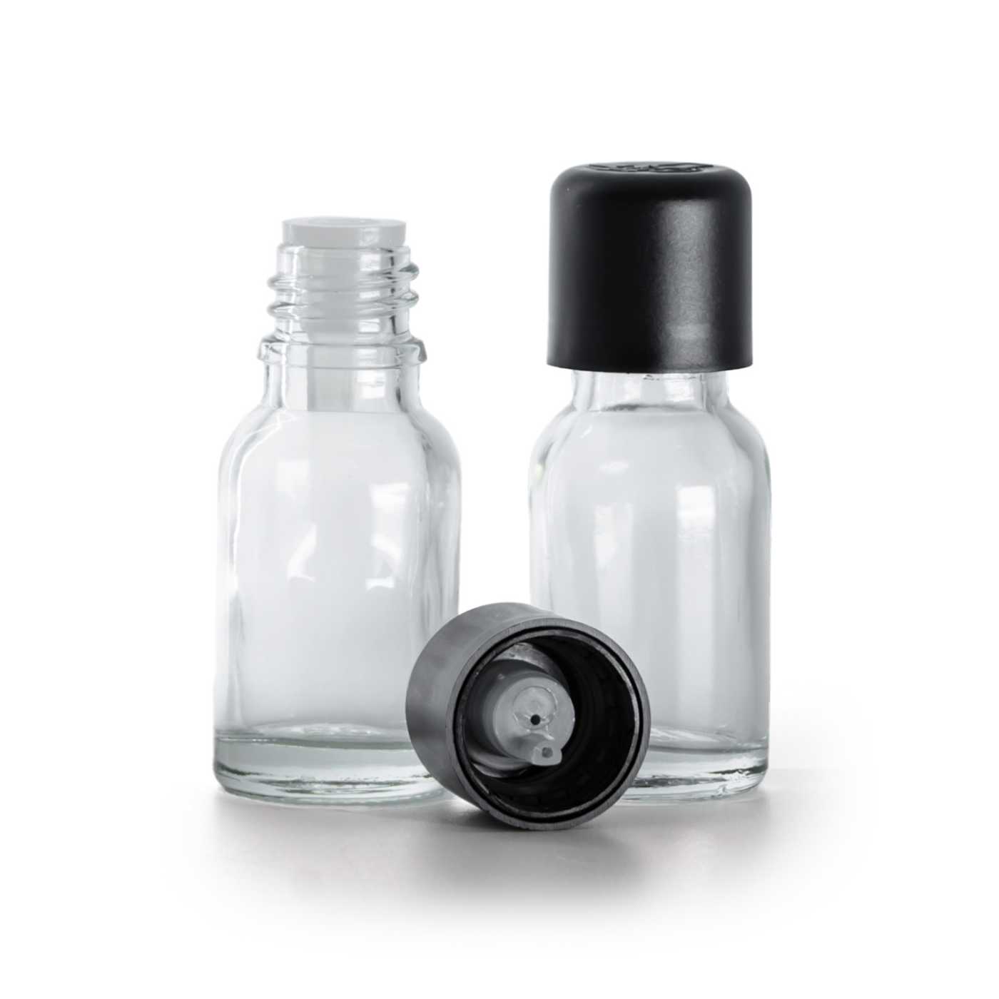 Sklenená fľaška, priehľadná, čierny vrchnák s poistkou, 15 ml