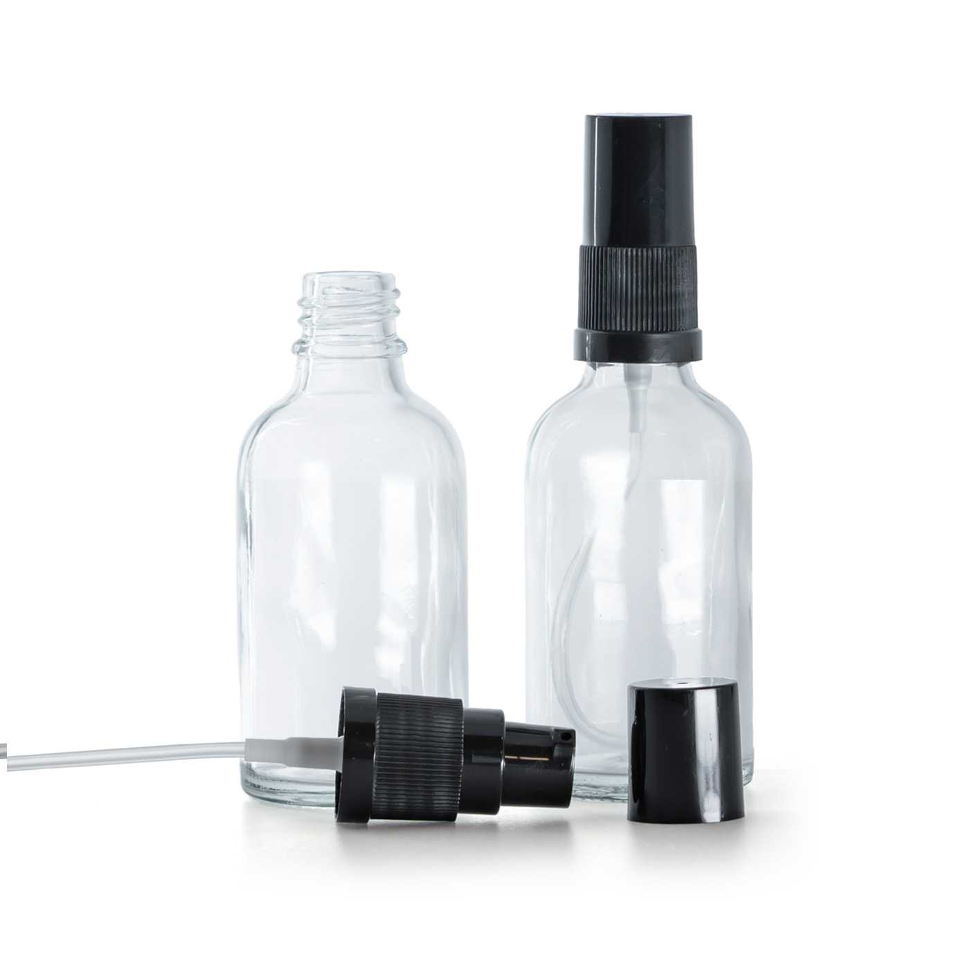 Sklenená fľaška, priehľadná, dávkovač krémov s čiernym vrchom 30 ml