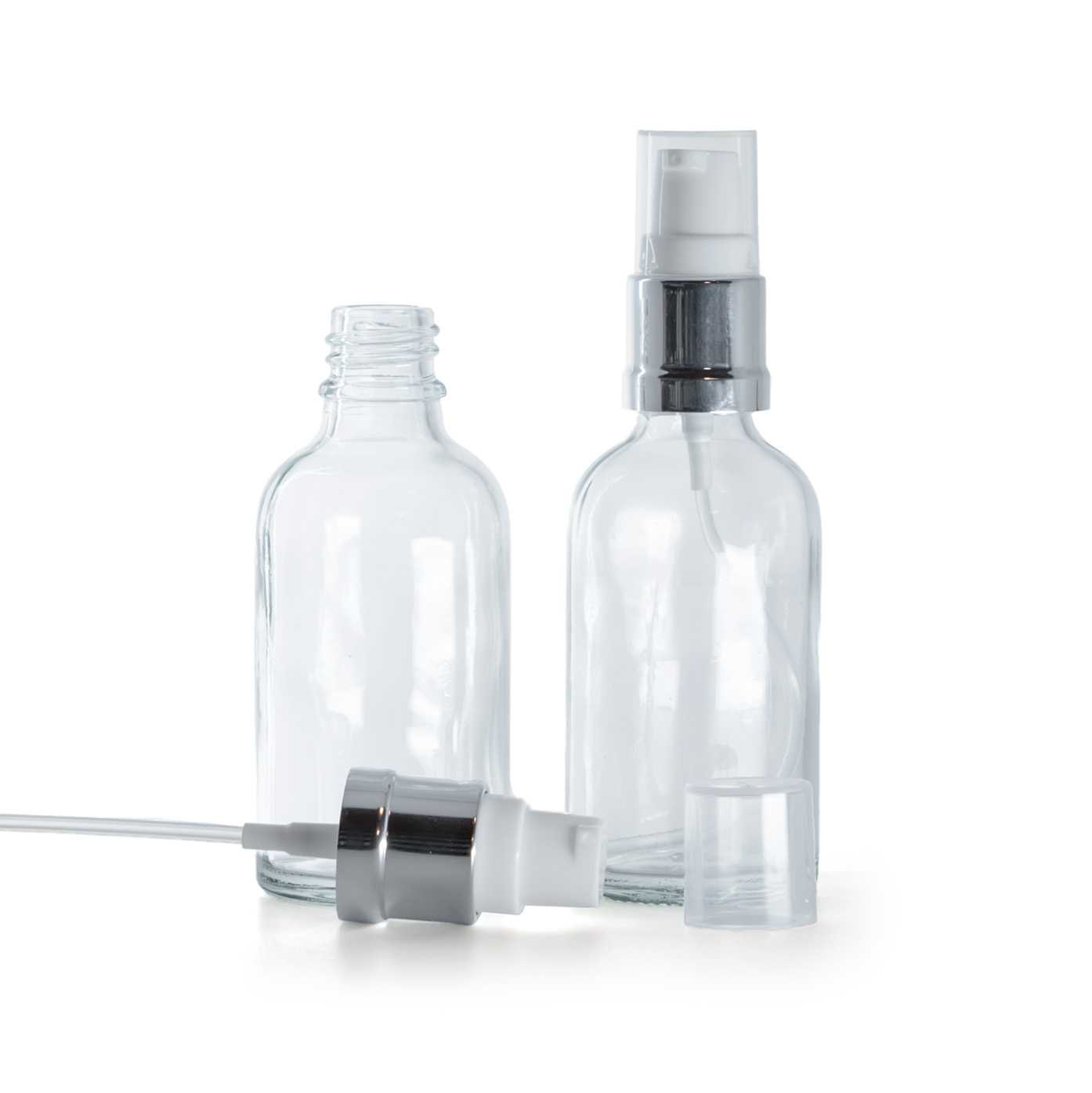 Butelka szklana, przezroczysta, biało-srebrny błyszczący dozownik, 30 ml