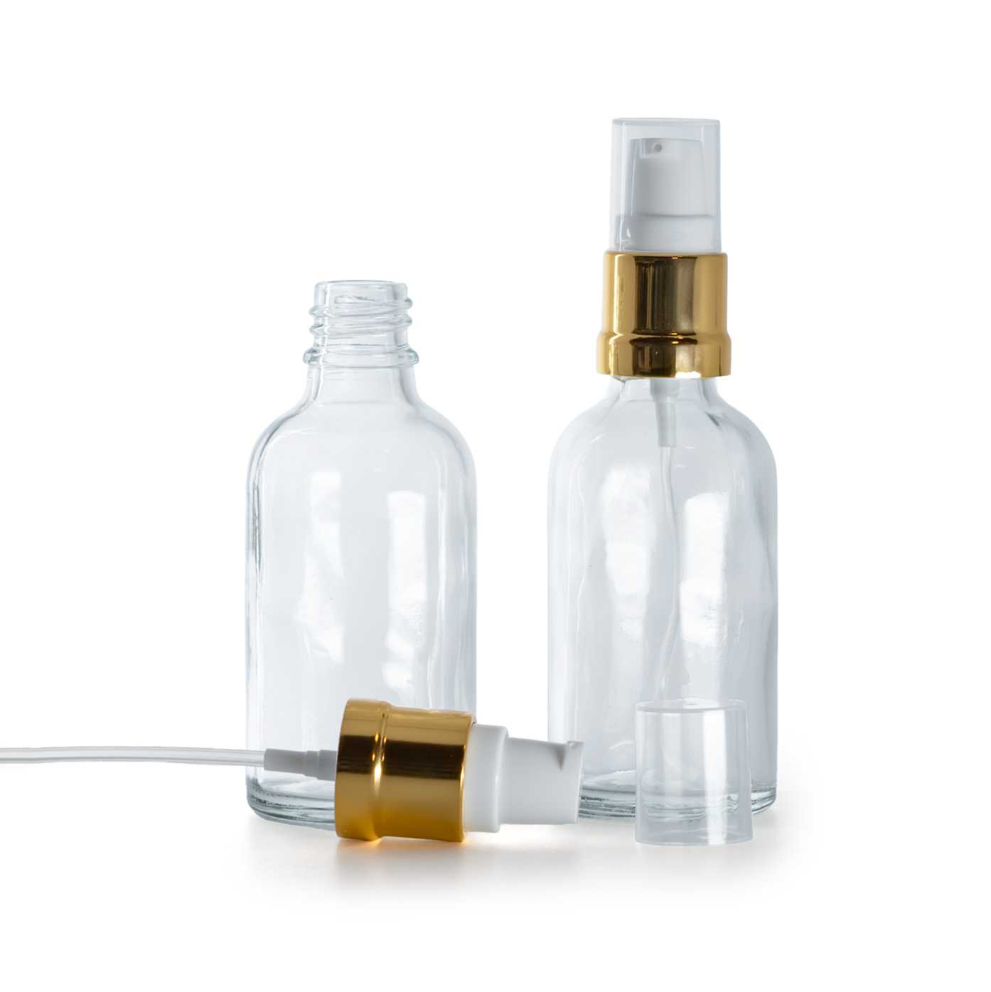 Butelka szklana, przezroczysta, biało-złoty błyszczący dozownik, 30 ml