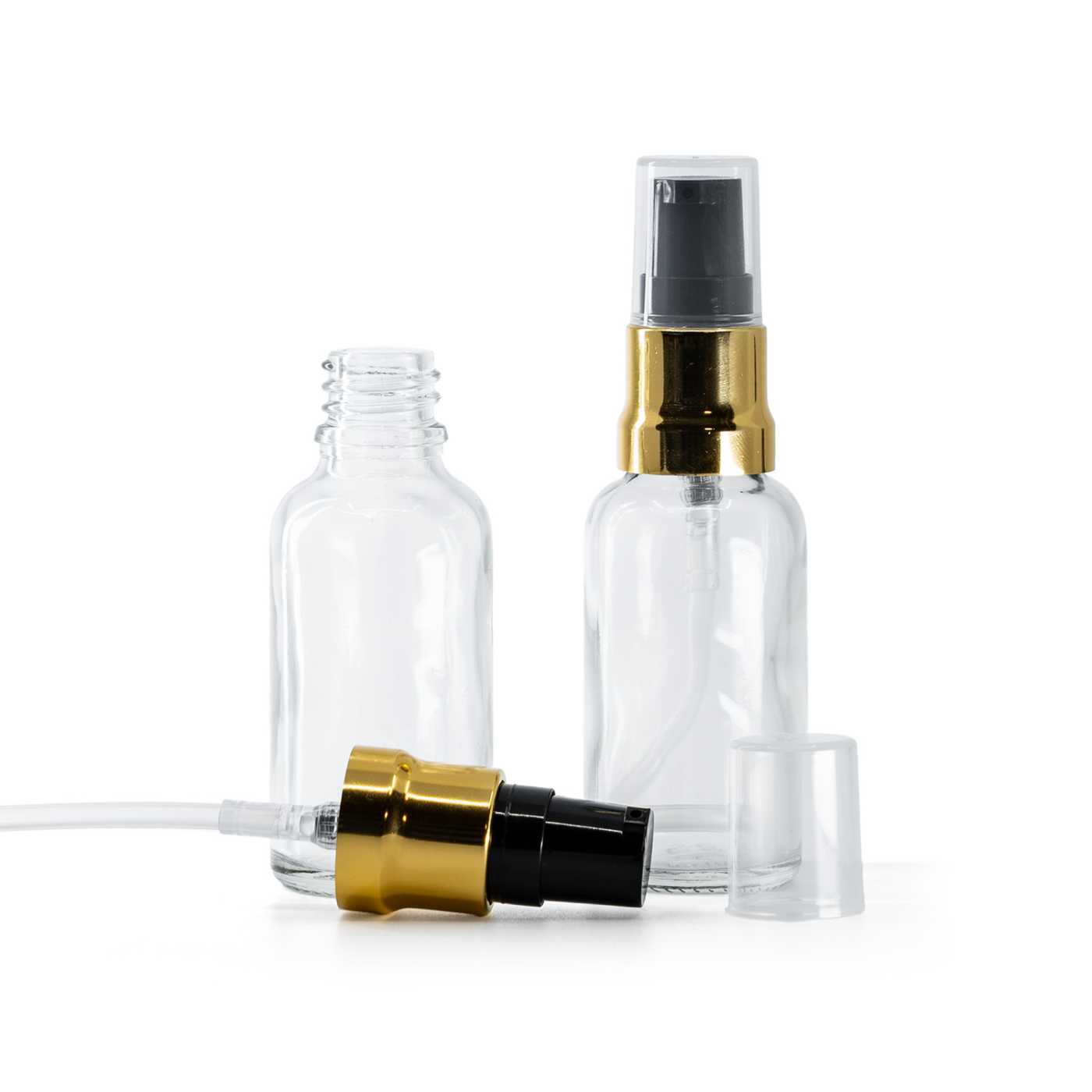 Sklenená fľaška, priehľadná, čierno-zlatý lesklý dákovač, priehľadný vrch, 30 ml