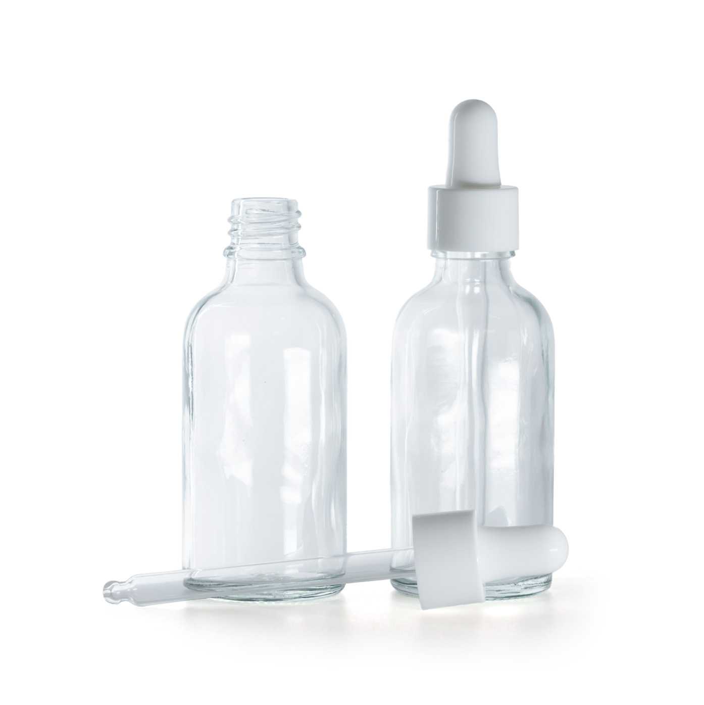 Butelka szklana, przezroczysta, biały błyszczący kroplomierz, 30 ml