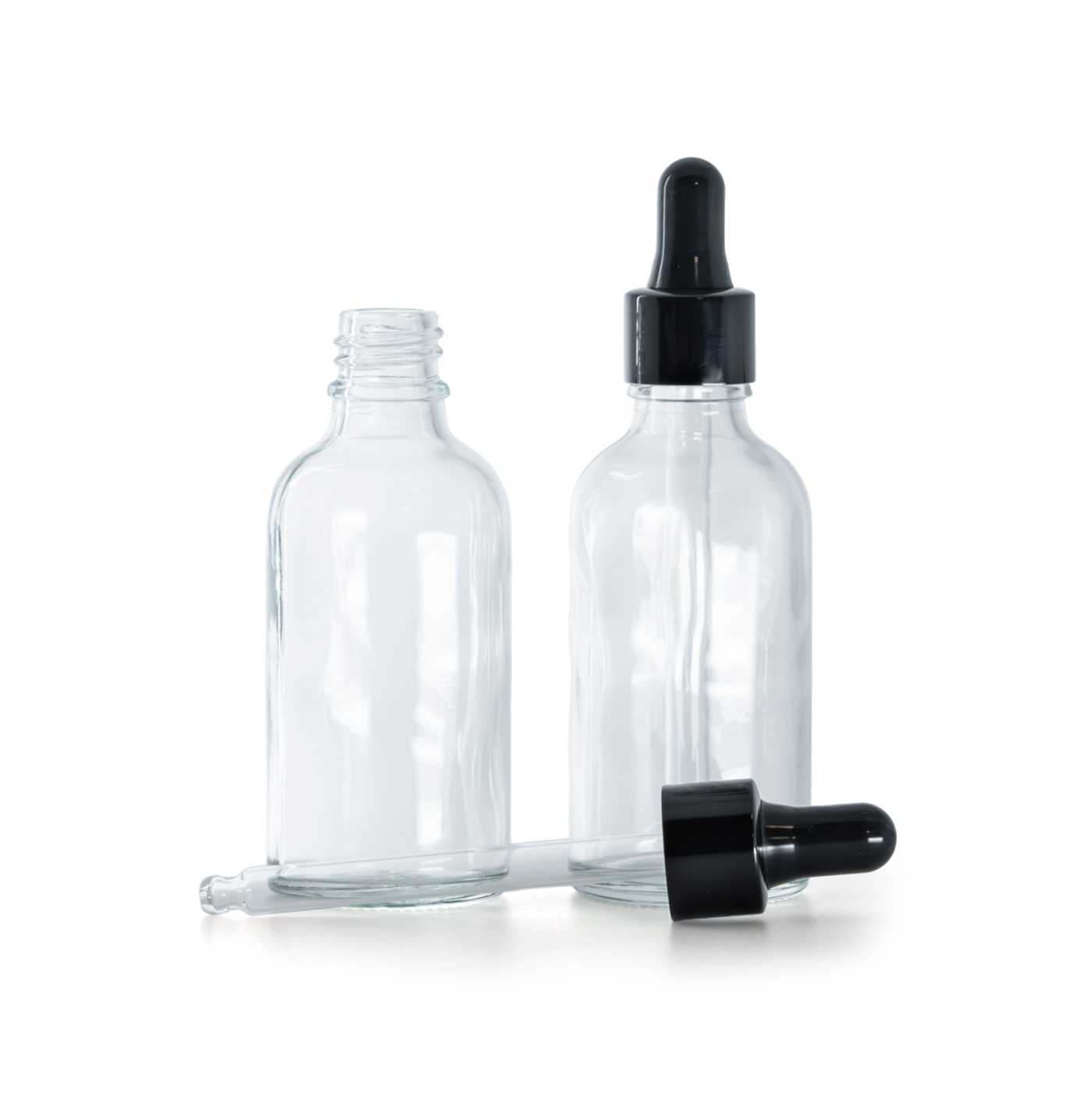 Sklenená fľaška, priehľadná, čierne lesklé kvapátko, 30 ml