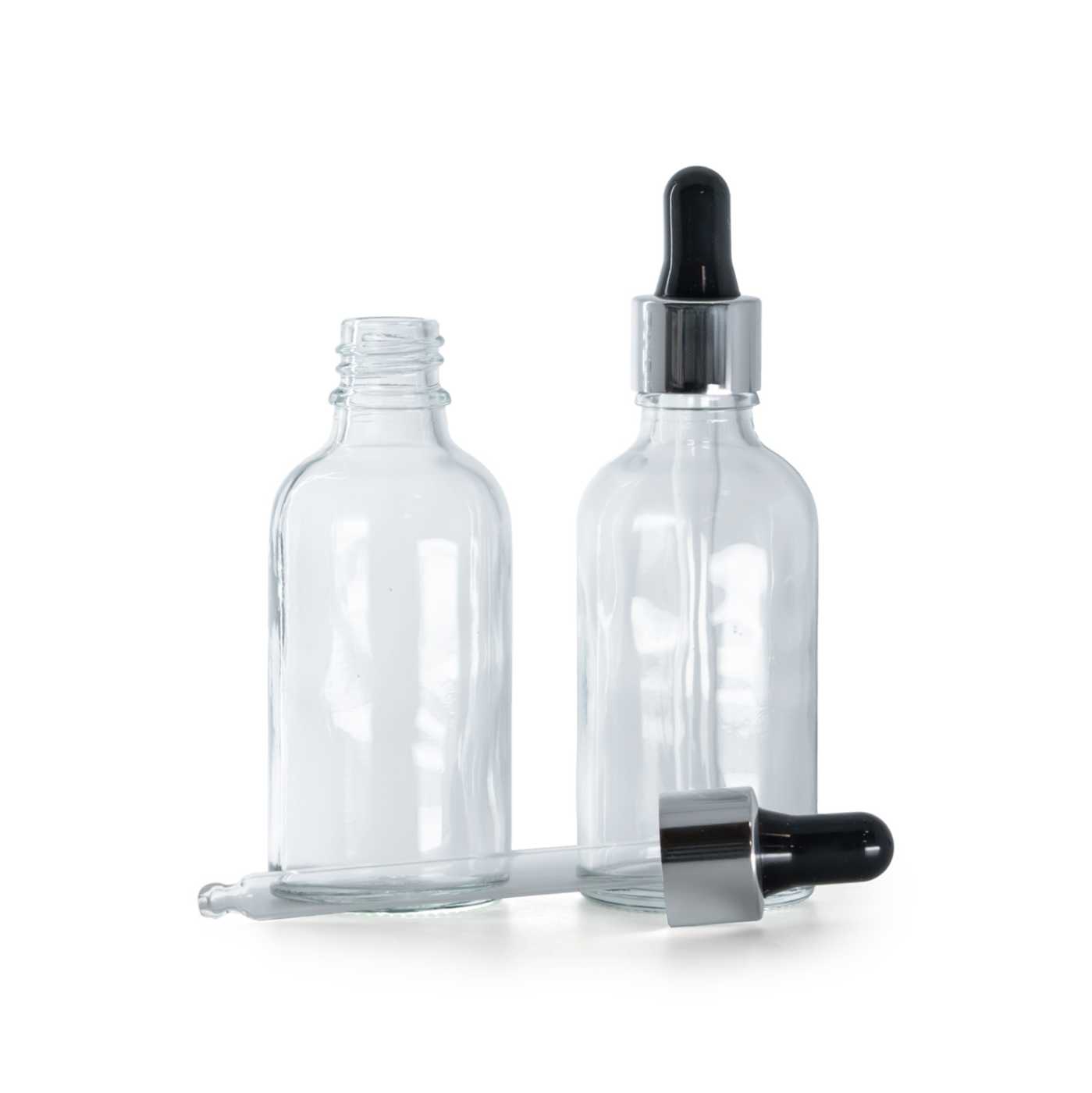 Sklenená fľaška, priehľadná, čierno-strieborné kvapátko, 30 ml