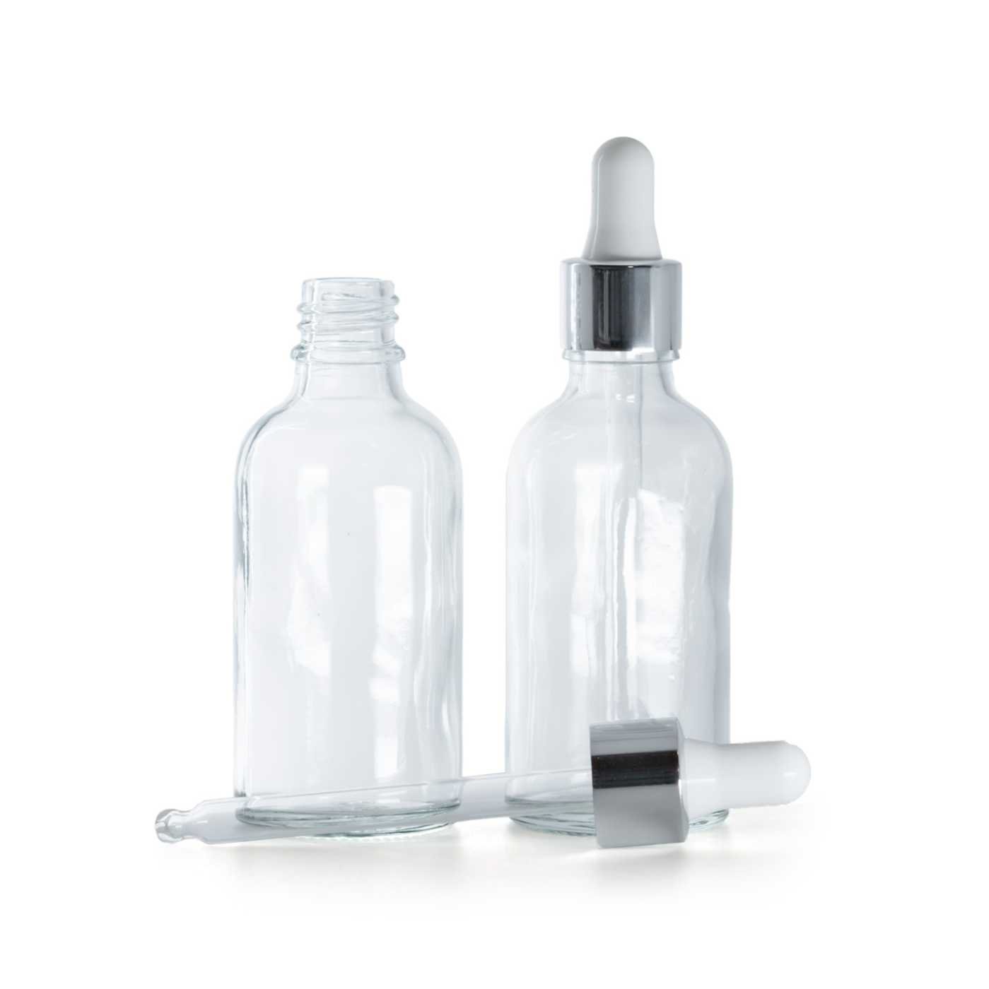 Skleněná lahvička průhledná se stříbrnou lesklou pipetou 30 ml