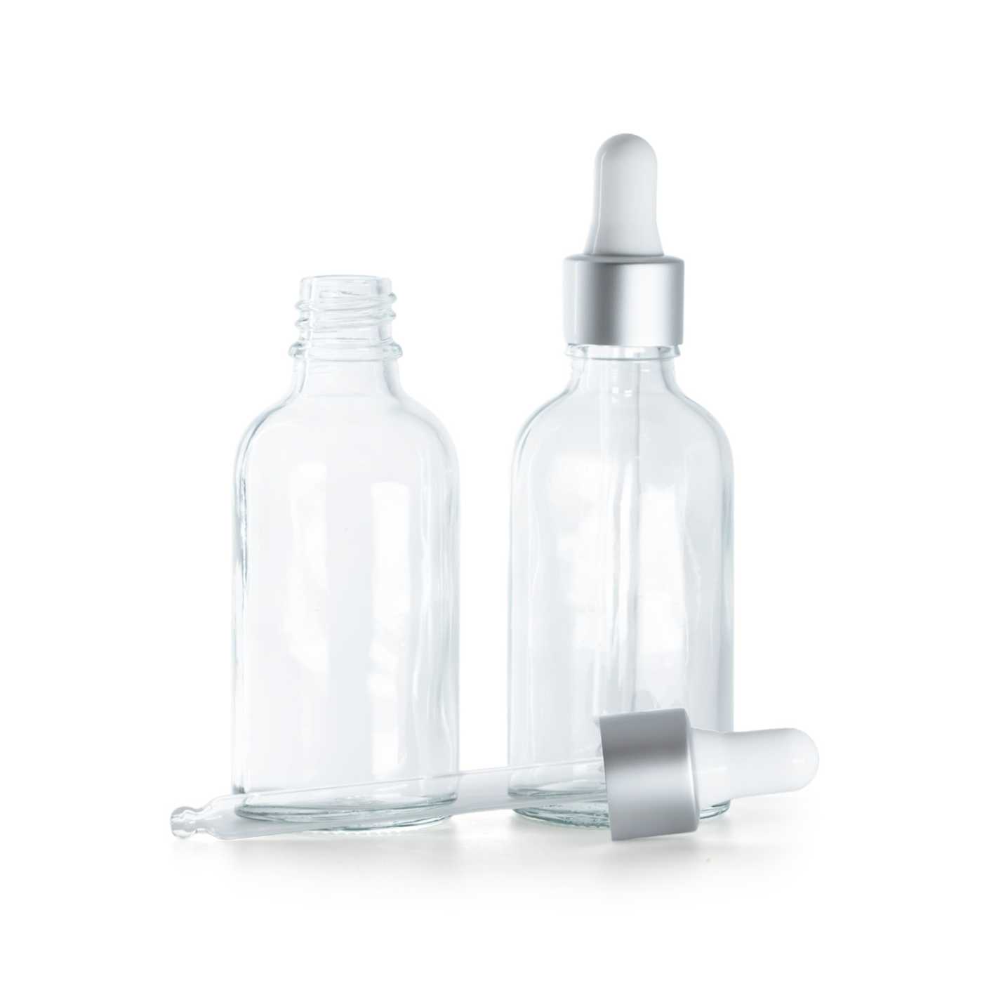 Sklenená fľaška, priehľadná, strieborné matné kvapátko, 30 ml