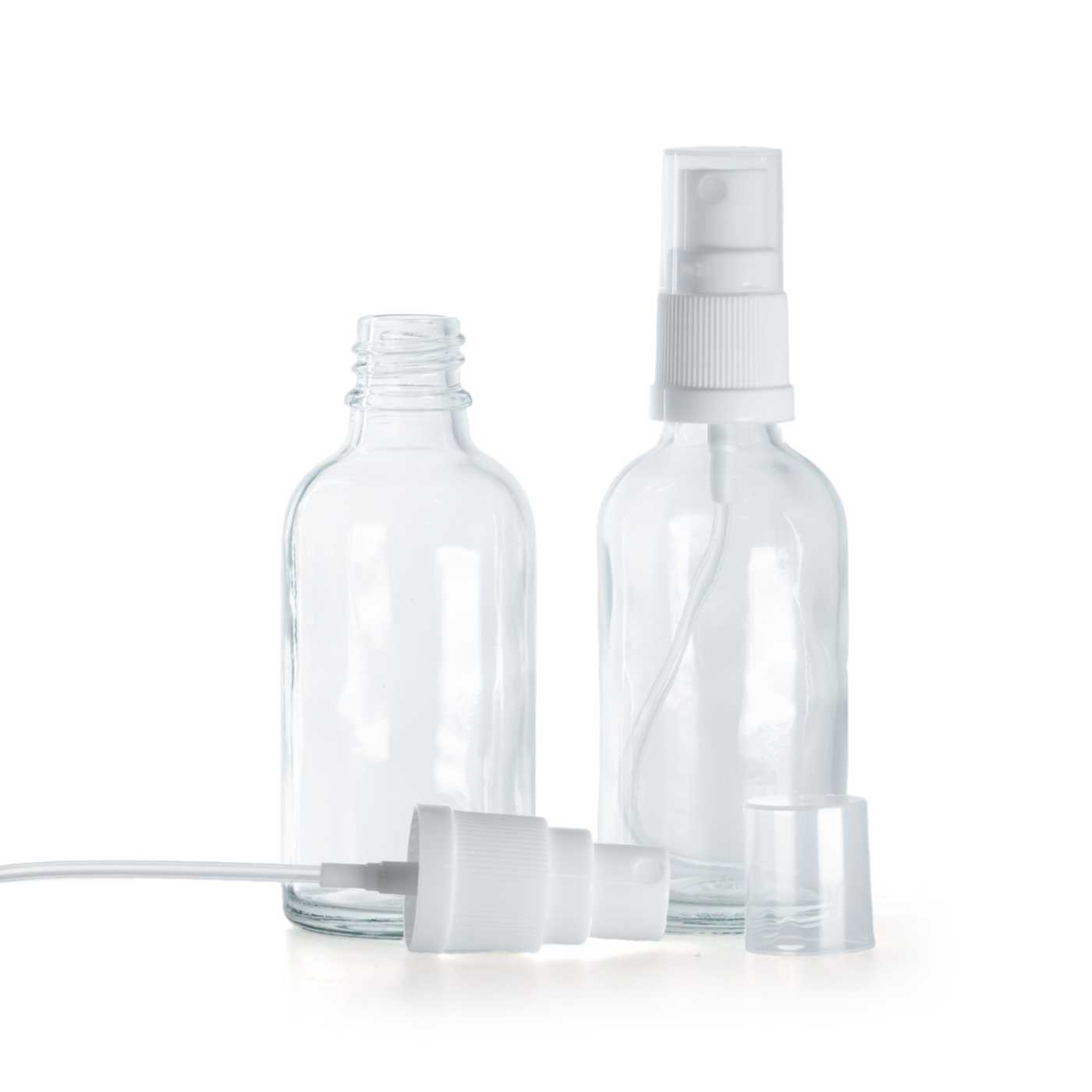 Sklenená fľaška, priehľadná, biely rozprašovač, 30 ml