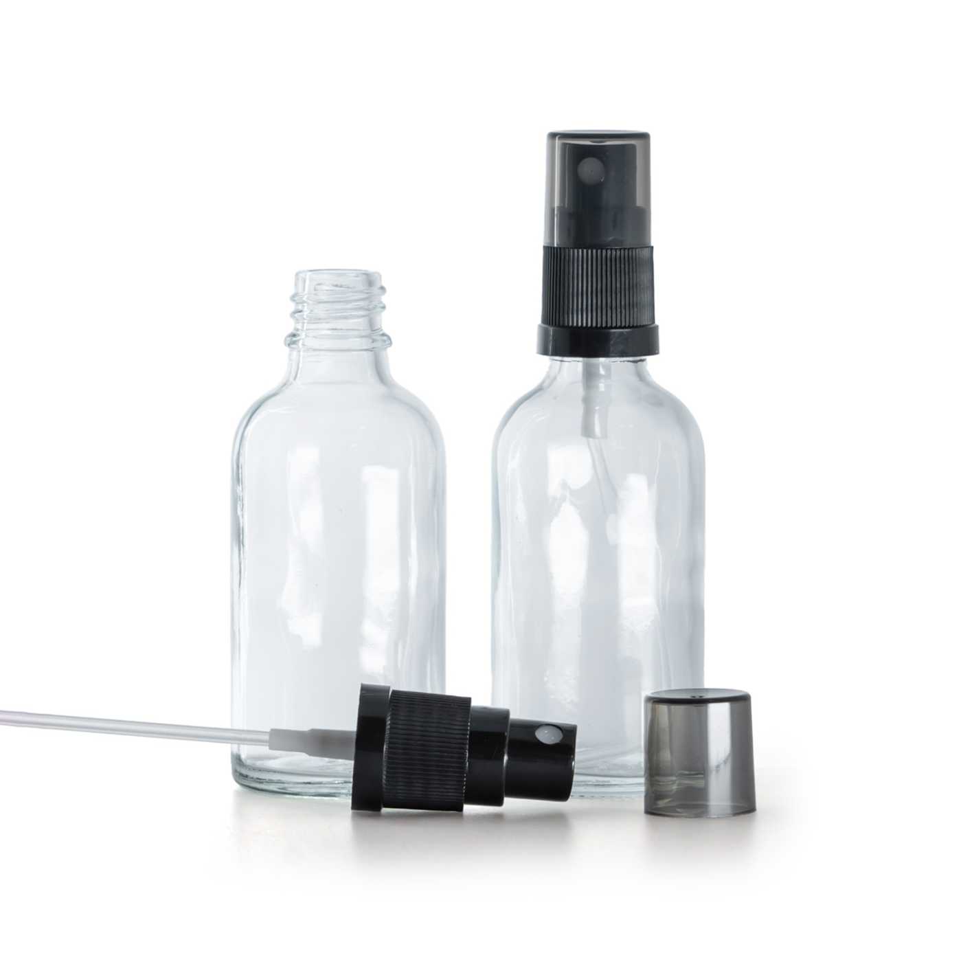 Sklenená fľaška, priehľadná, čierny rozprašovač, dymový kryt, 30 ml