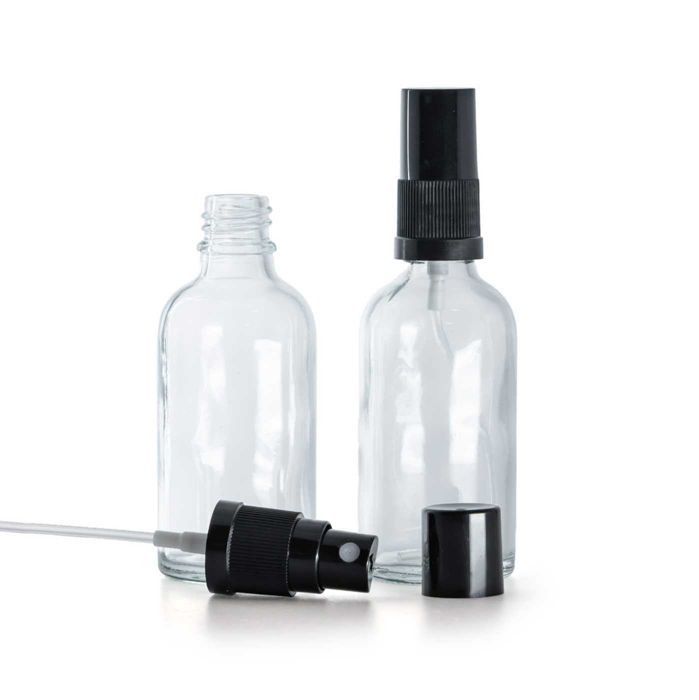 Sklenená fľaška, priehľadná, čierny rozprašovač, čierny vrch, 30 ml