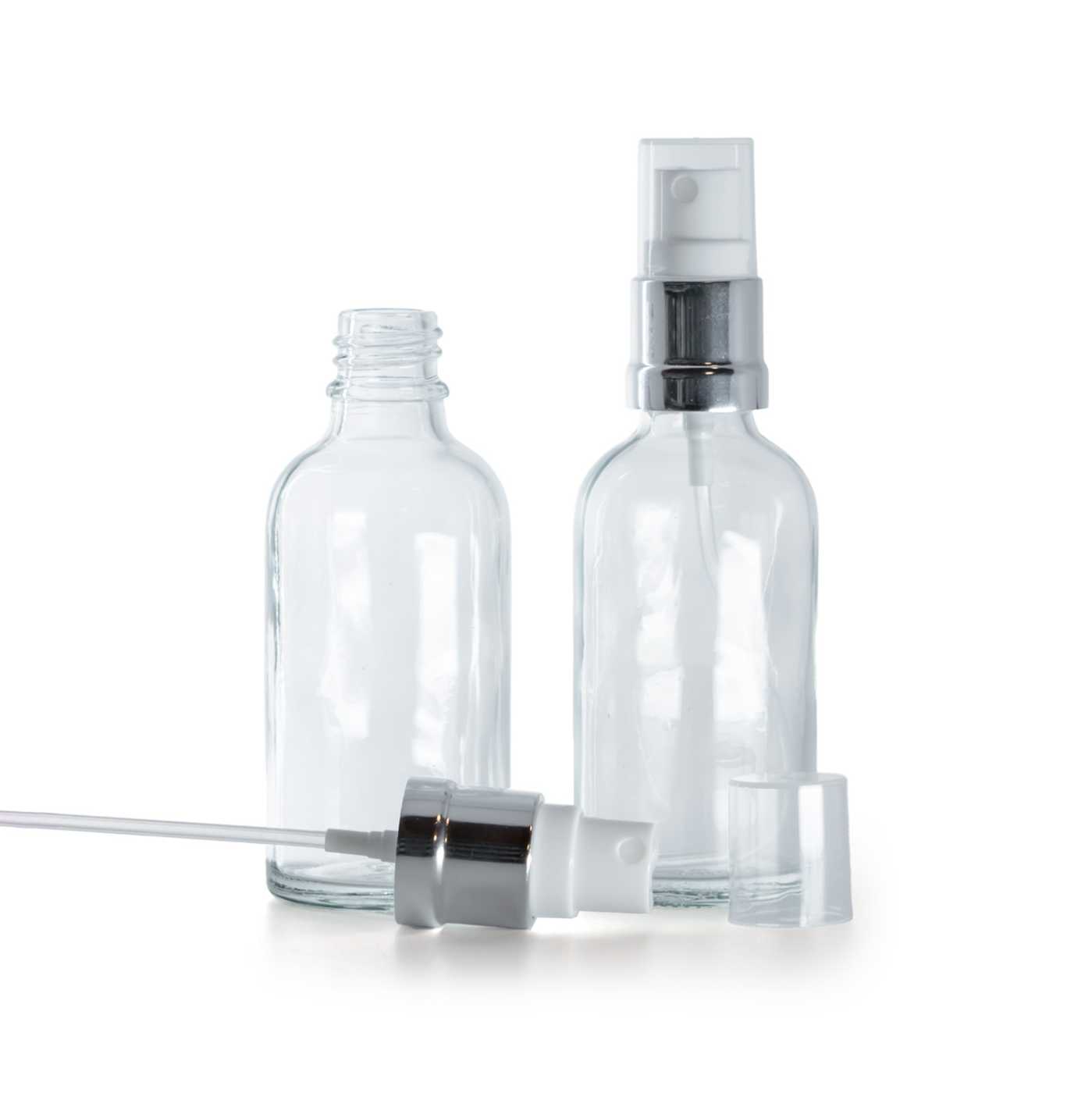 Butelka szklana, przezroczysta, biało-srebrny atomizer, 30 ml
