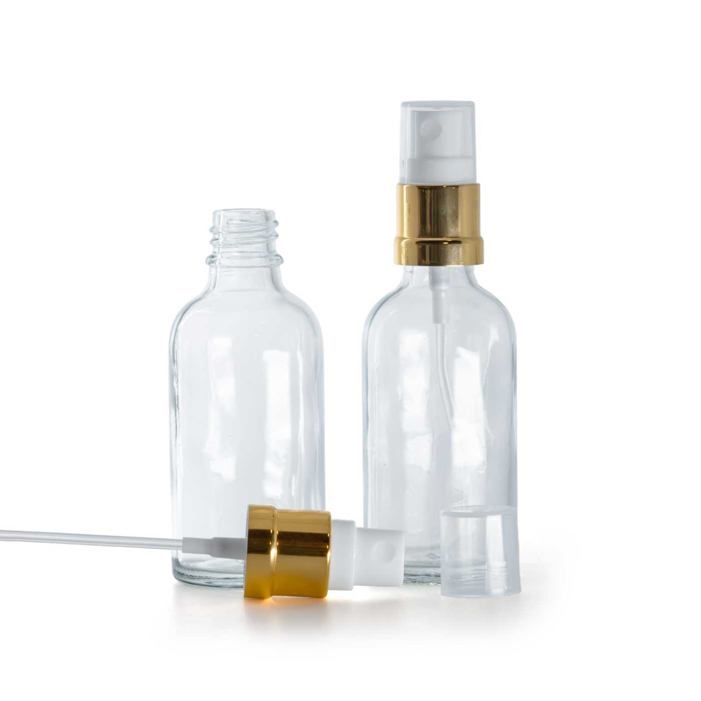Sklenená fľaška, priehľadná, bielo-zlatý rozprašovač, 30 ml