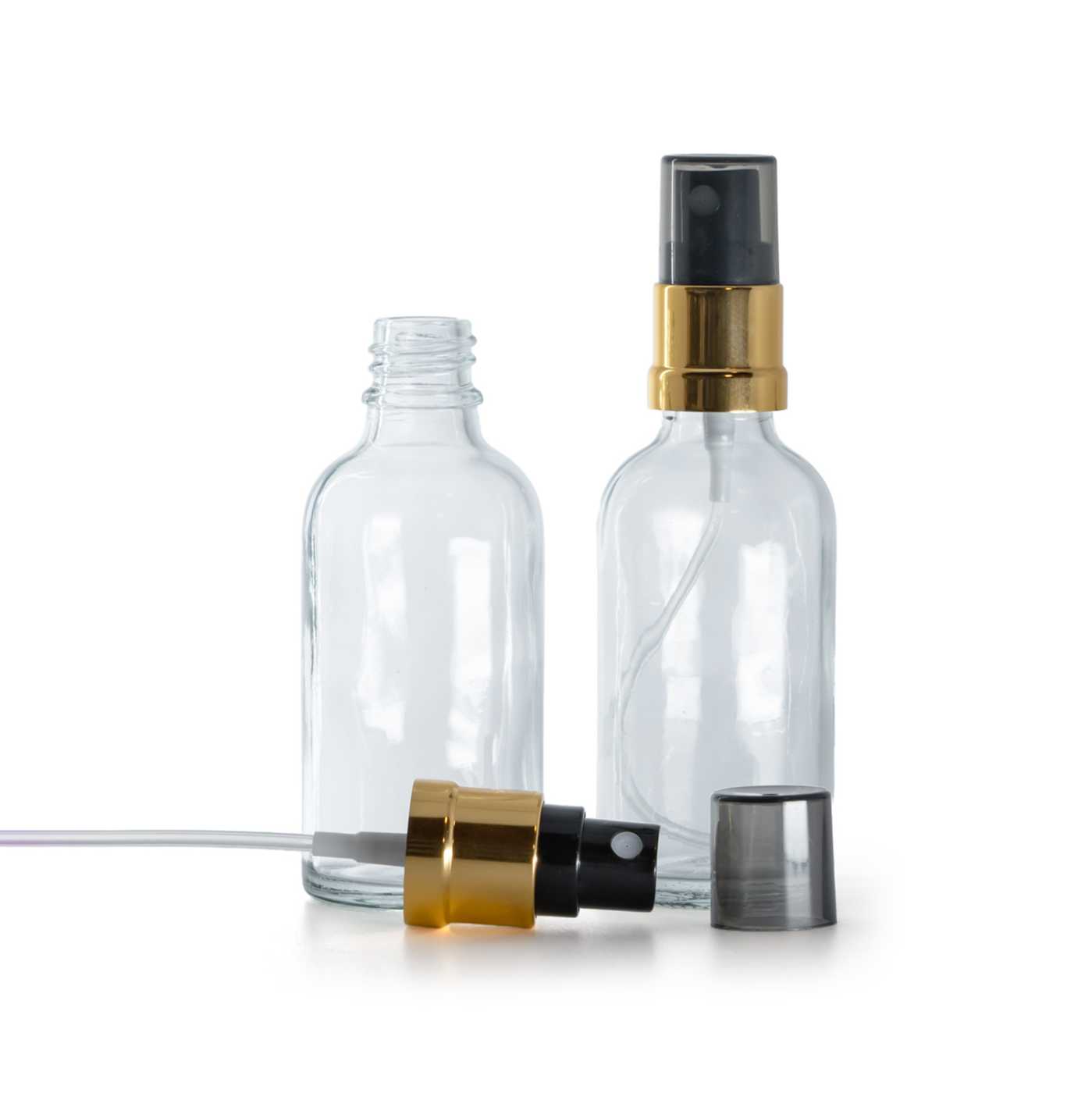 Sklenená fľaška, priehľadná, čierno-zlatý rozprašovač, dymový kryt, 30 ml