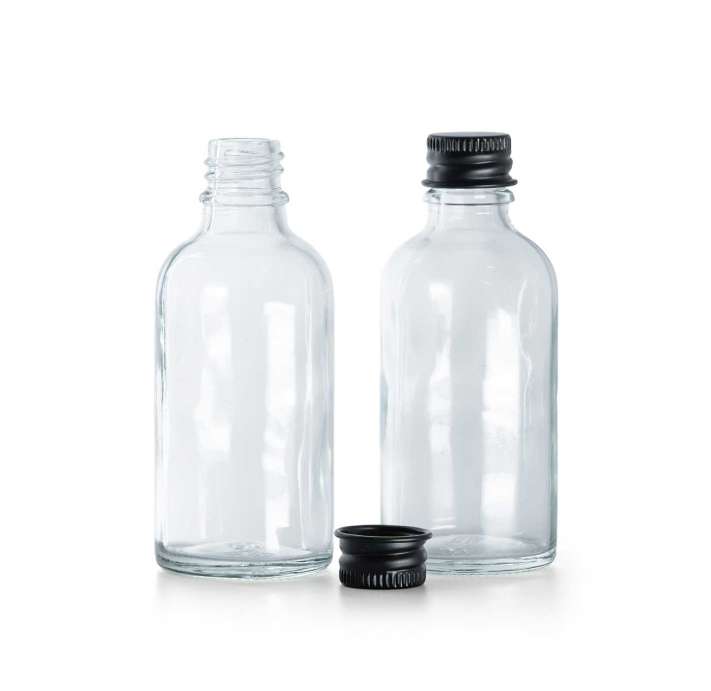 Sklenená fľaška, priehľadná, čierny hliníkový vrchnák, 30 ml