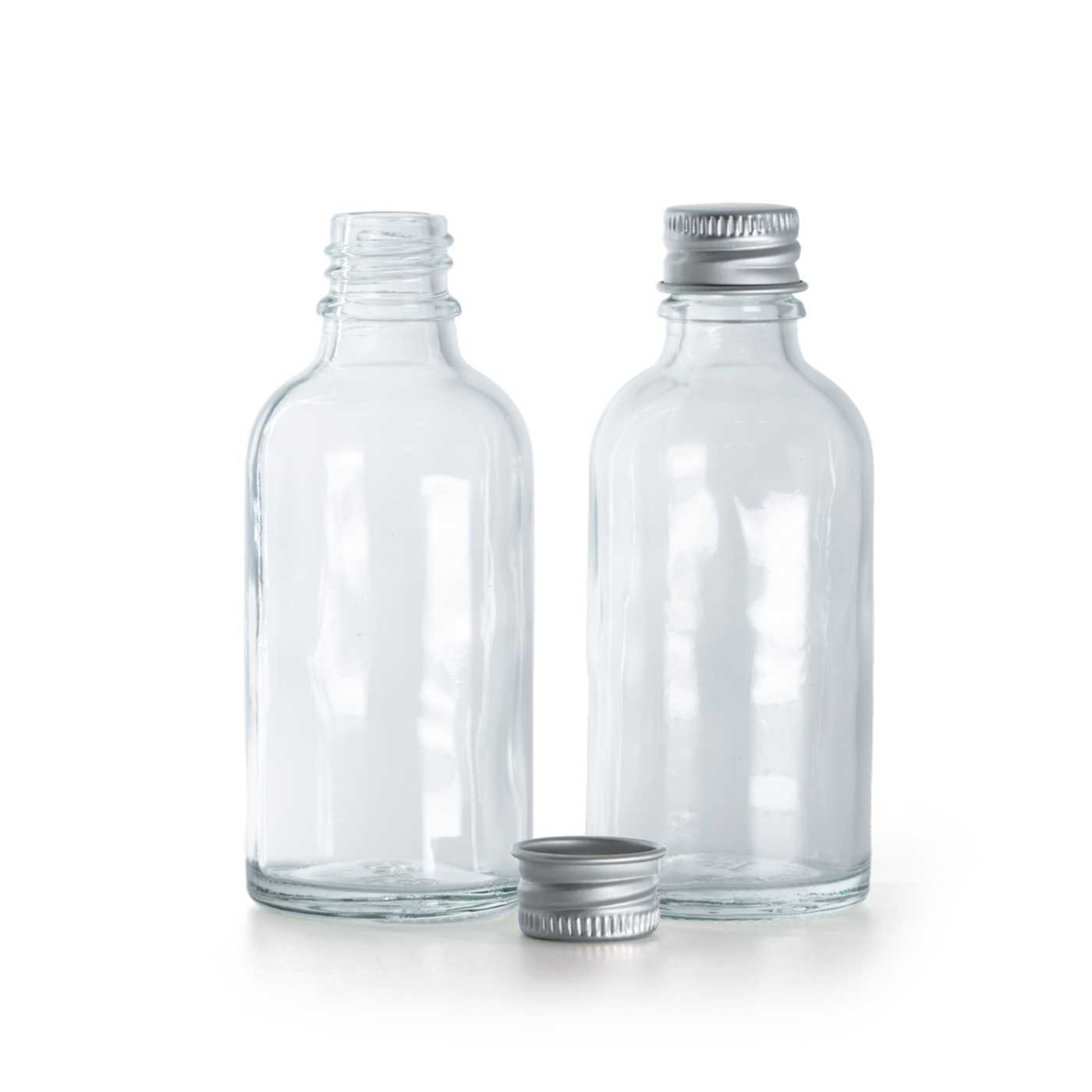 Sklenená fľaška, priehľadná, hliníkový vrchnák, 30 ml