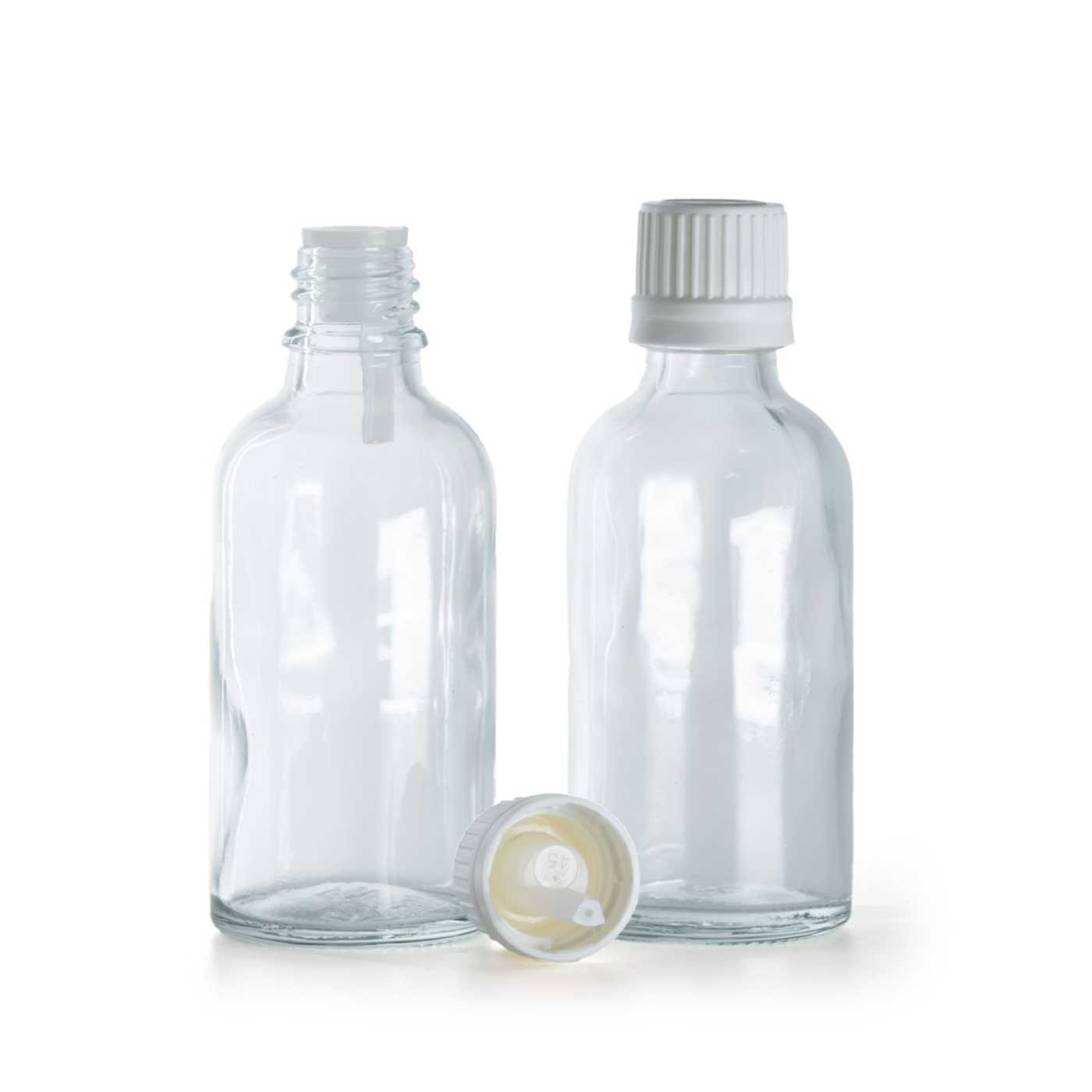 Sklenená fľaška, priehľadná, biely vrchnák s kvapátkom, 30 ml