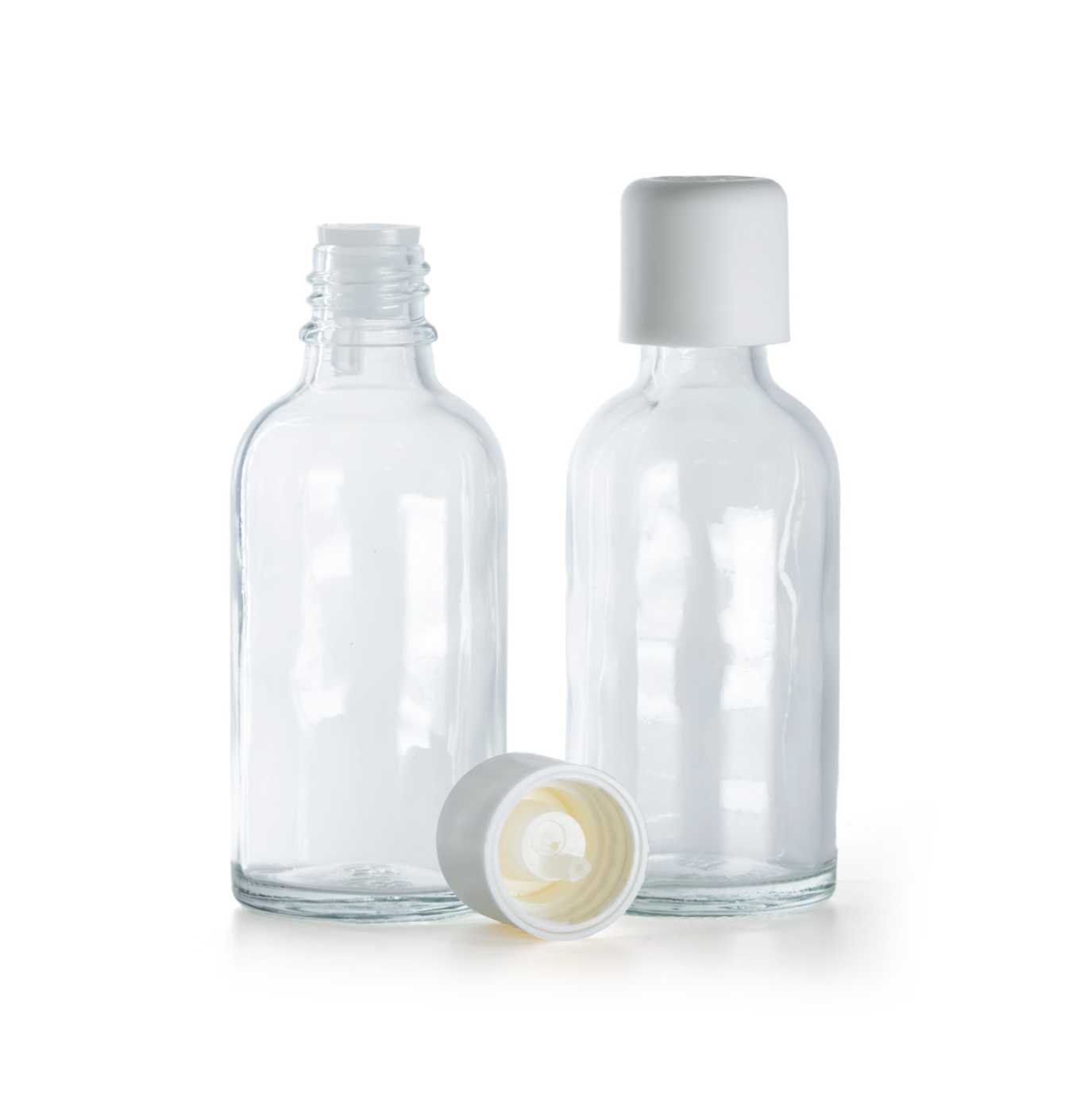 Sklenená fľaška, priehľadná, biely vrchnák s poistkou, 30 ml