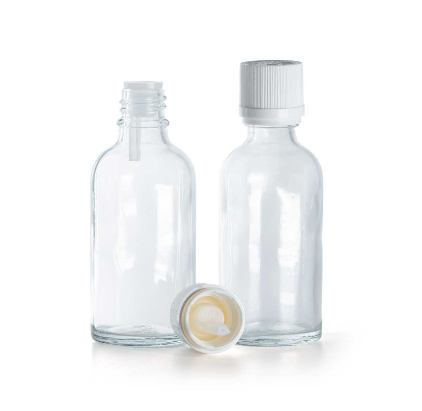 Sklenená fľaška, priehľadná, biely vrúbkovaný vrchnák s poistkou, 30 ml