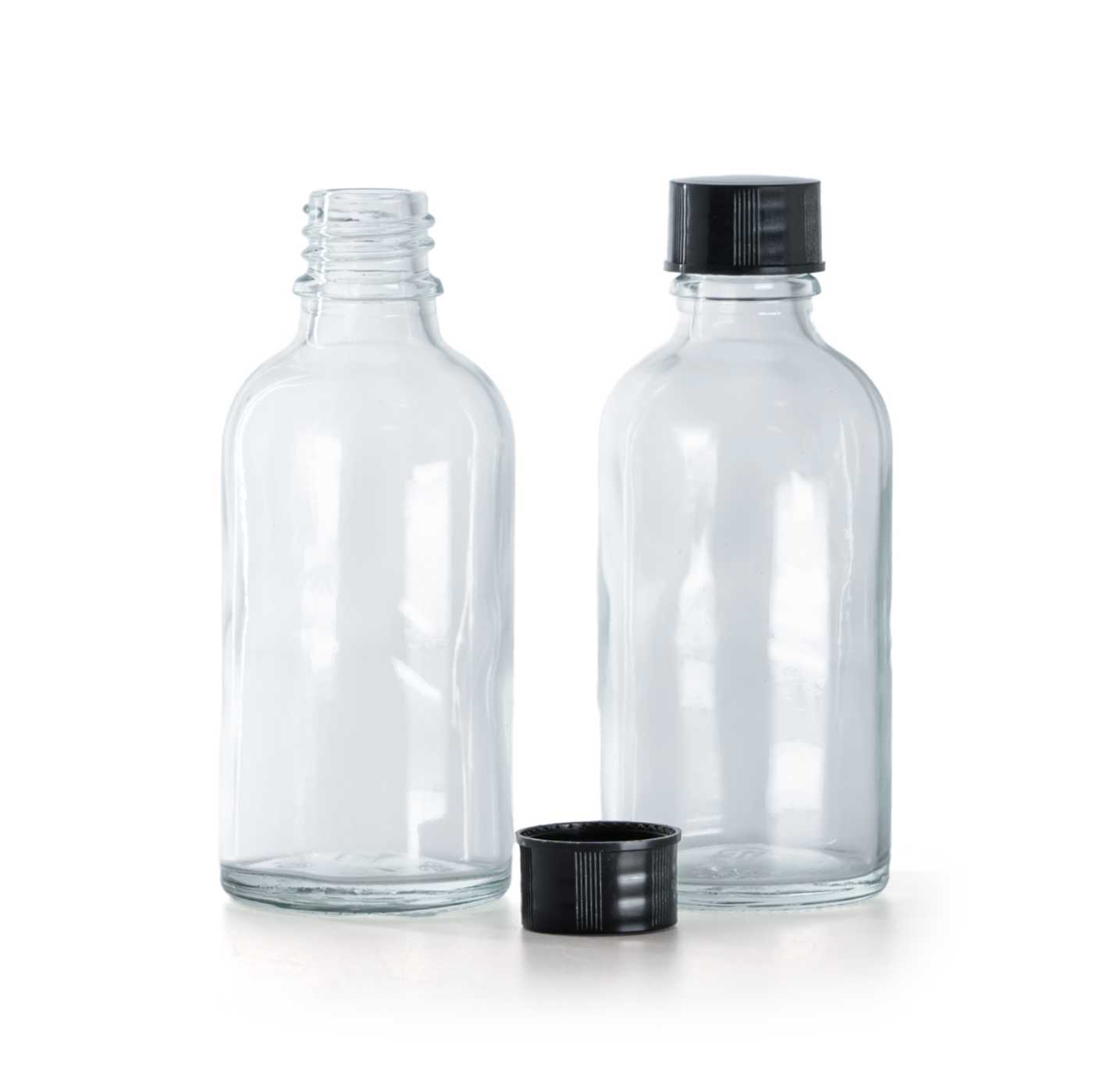 Sklenená fľaška, priehľadná, čierny vrchnák, 30 ml