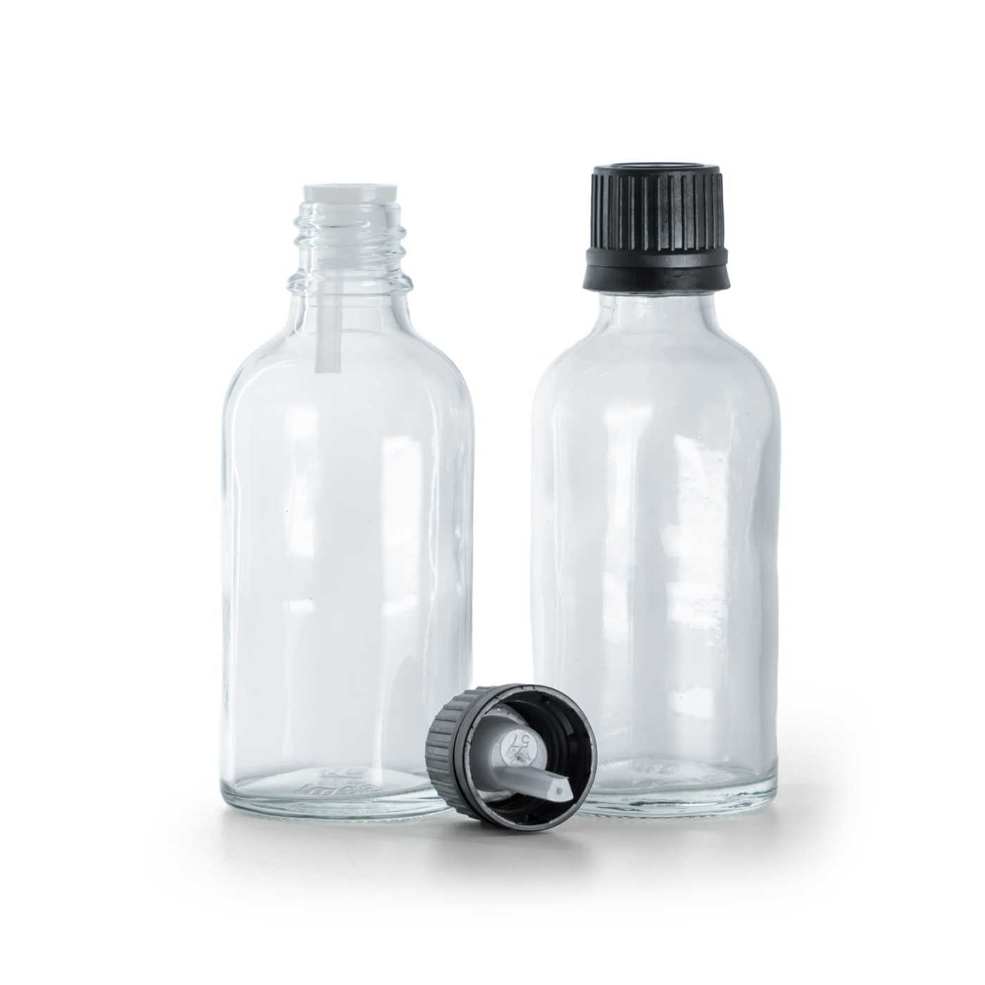 Sklenená fľaška, priehľadná, čierny vrchnák s kvapátkom, 30 ml