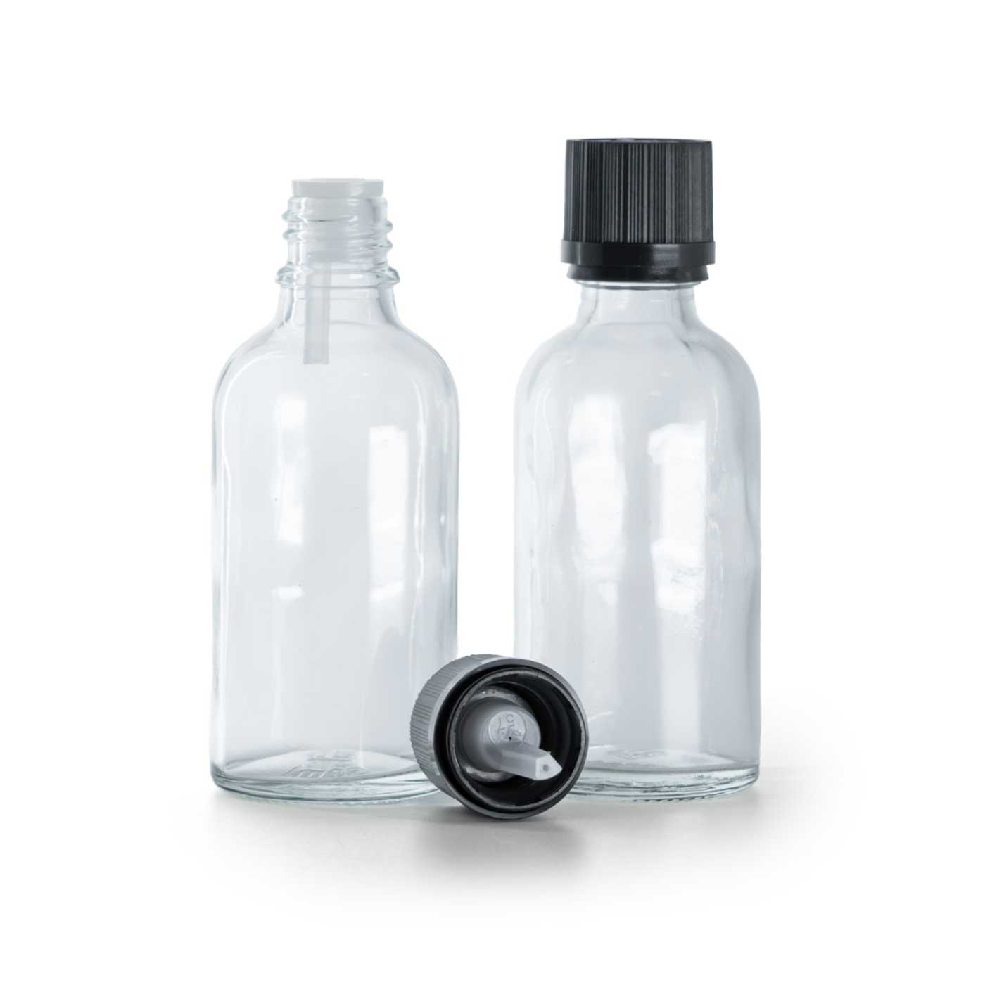 Sklenená fľaška, priehľadná, čierny vrúbkovaný vrchnák s poistkou, 30 ml