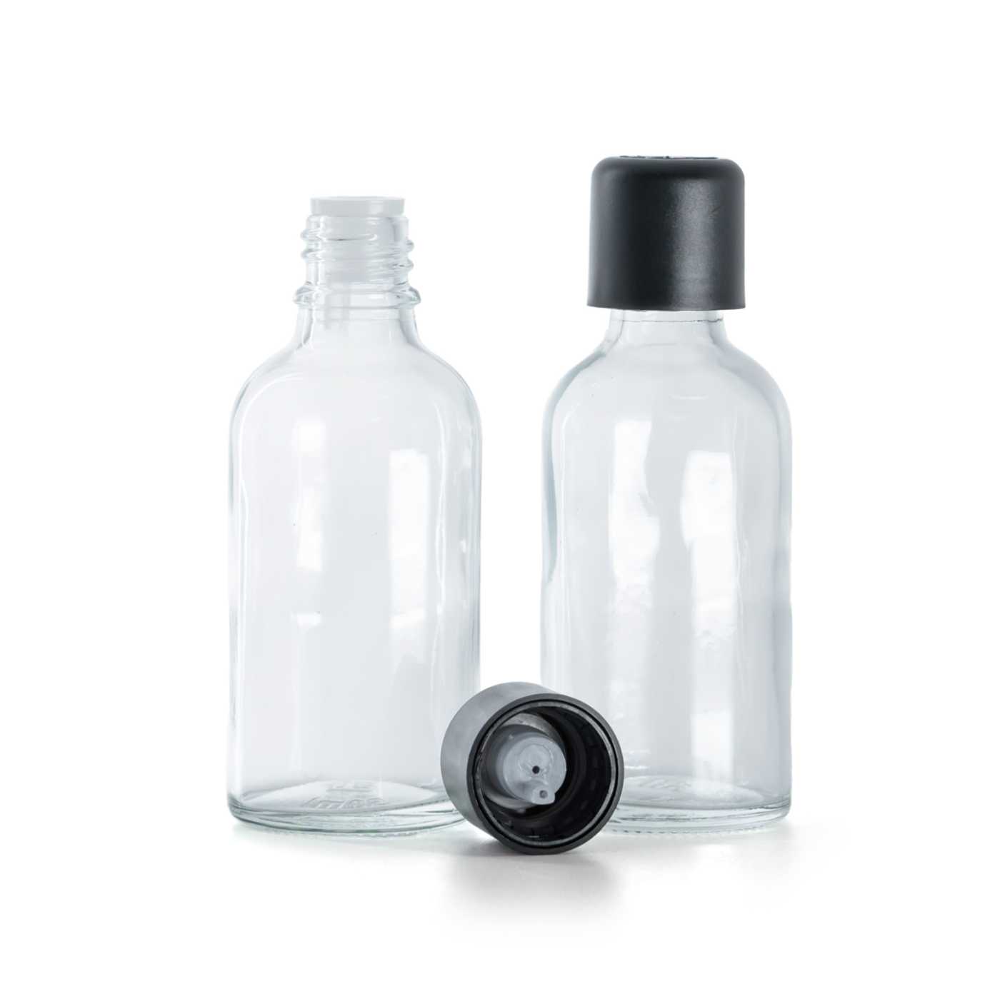 Sklenená fľaška, priehľadná, čierny vrchnák s poistkou, 30 ml