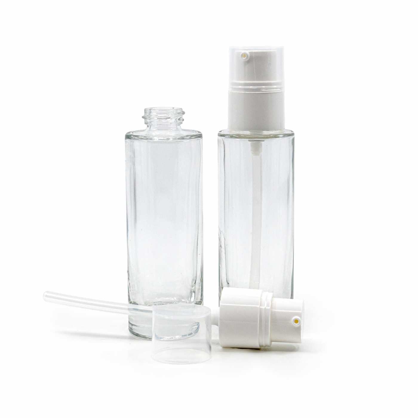 Skleněná lahvička, průhledná, bílý dávkovač, 30 ml