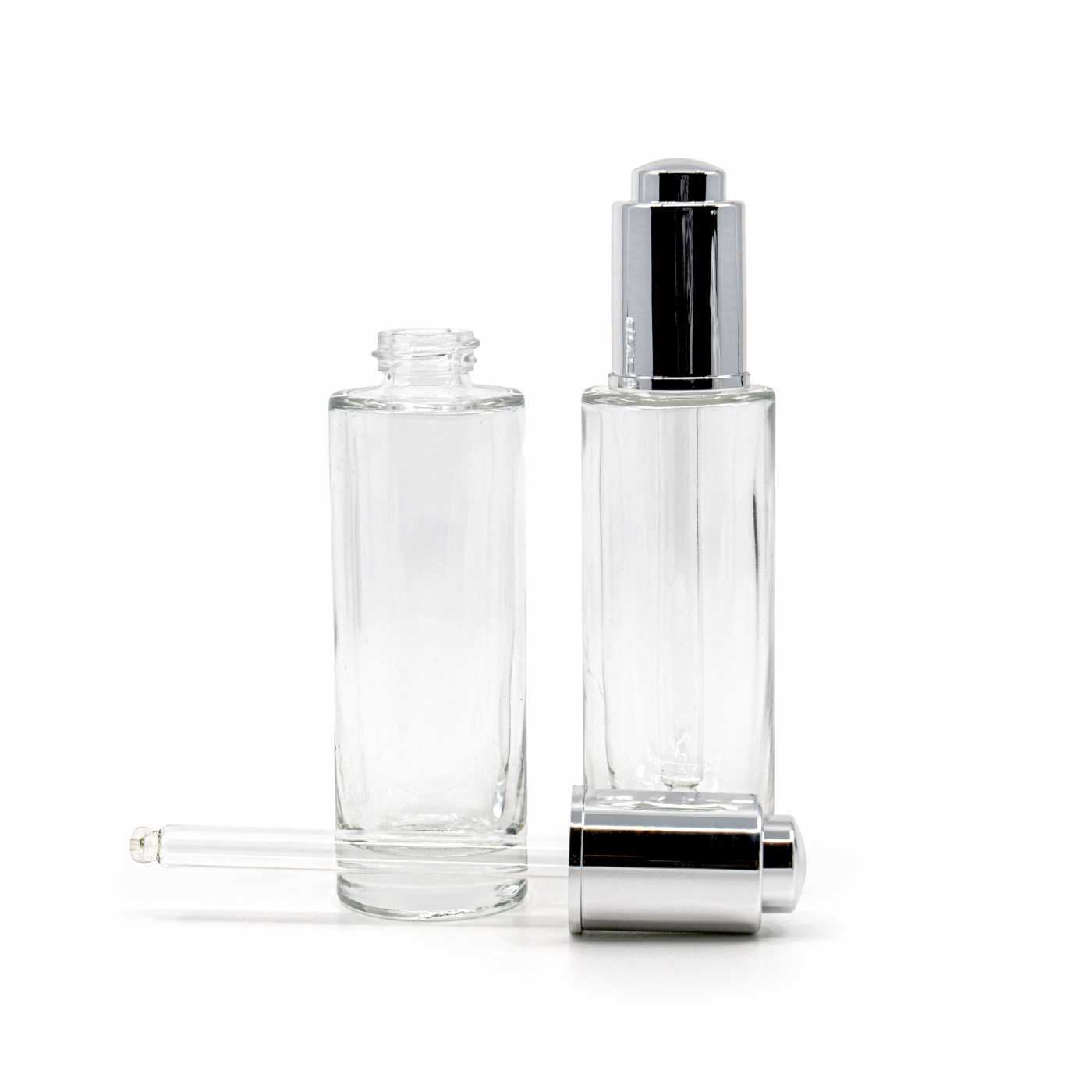 Sklenená fľaška, priehľadná, vysoká, strieborné kvapátko, 30 ml